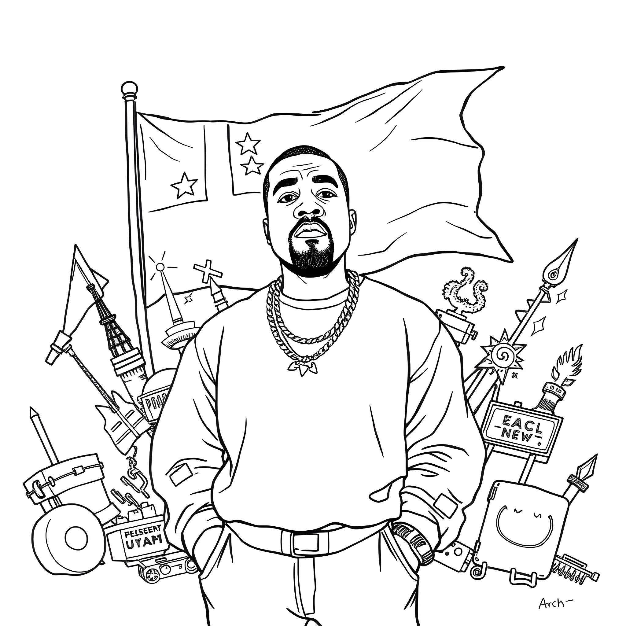 Kanye West's Eclectic Persona and Artistic Expression Coloring Page (free black-and-white line drawing printable PDF for all, from beginners to advanced learners, including children, teens, adults, and seniors)