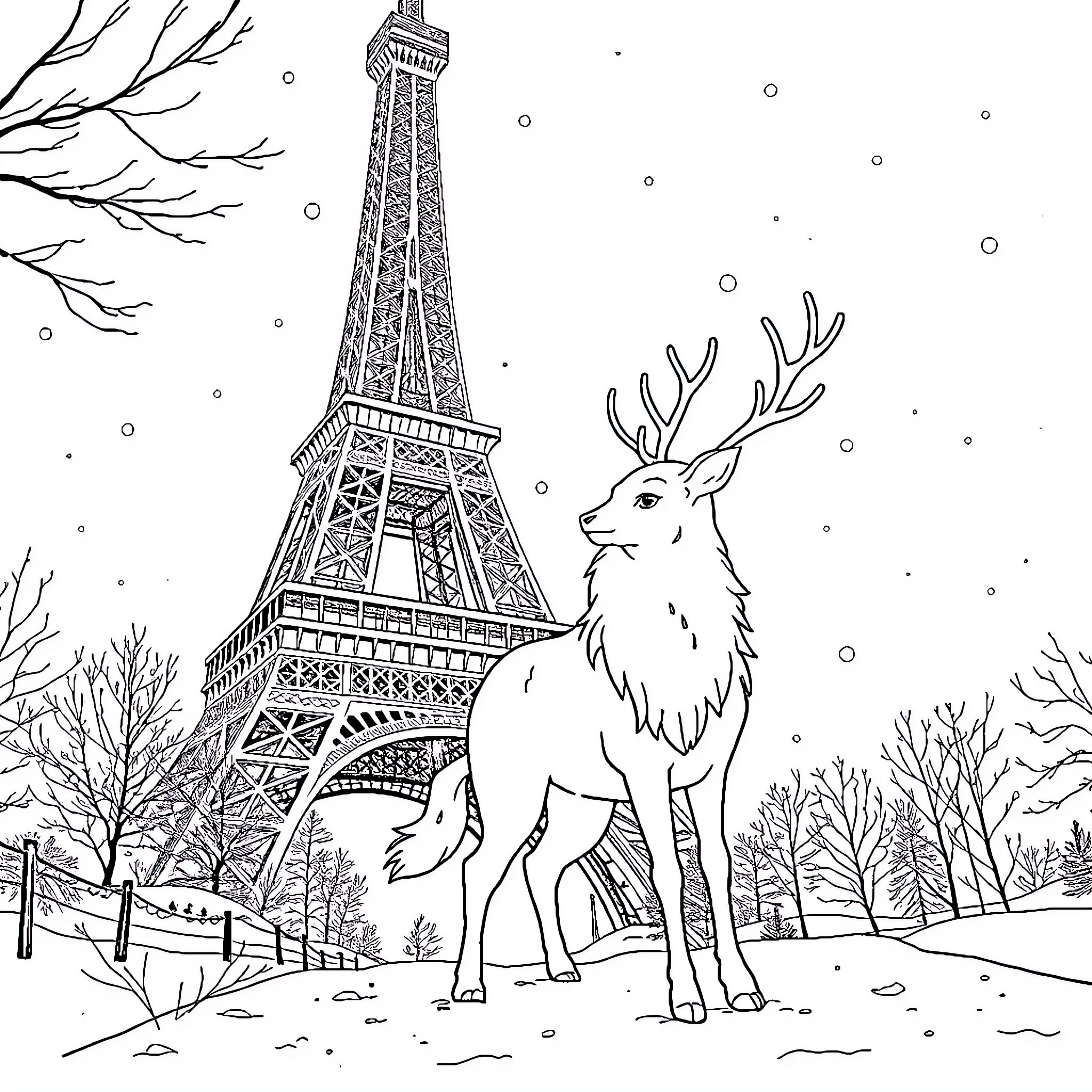 Snow Queen's Winter Wonderland in Paris Coloring Page (free black-and-white line drawing printable PDF for all, from beginners to advanced learners, including children, teens, adults, and seniors)
