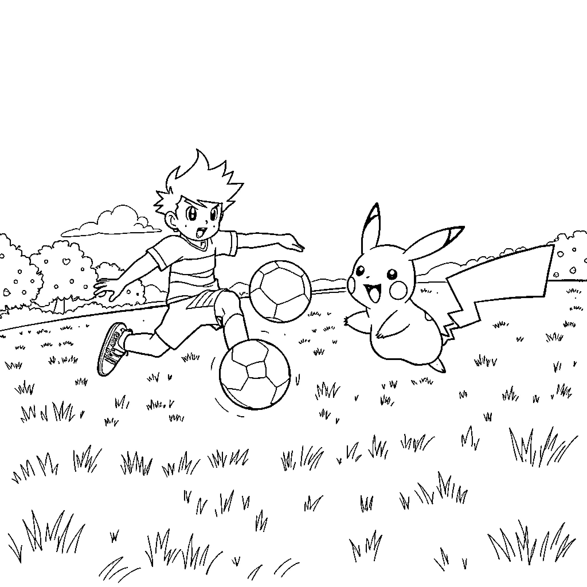 Ash Ketchum playing soccer with Pikachu in the park Coloring Page (free black-and-white line drawing printable PDF for all, from beginners to advanced learners, including children, teens, adults, and seniors)
