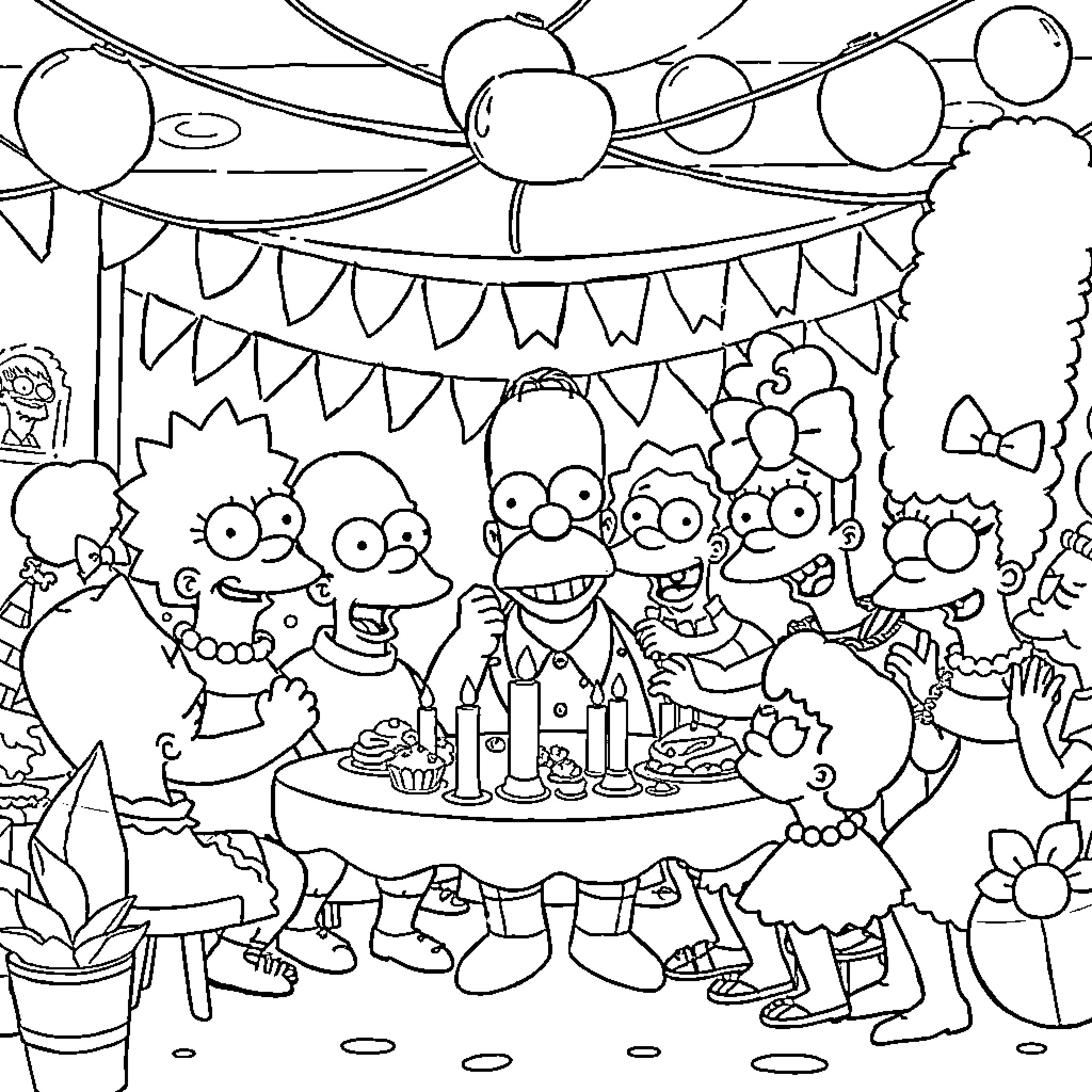 Simpson family celebrating together in festive setting Coloring Page (free black-and-white line drawing printable PDF for all, from beginners to advanced learners, including children, teens, adults, and seniors)