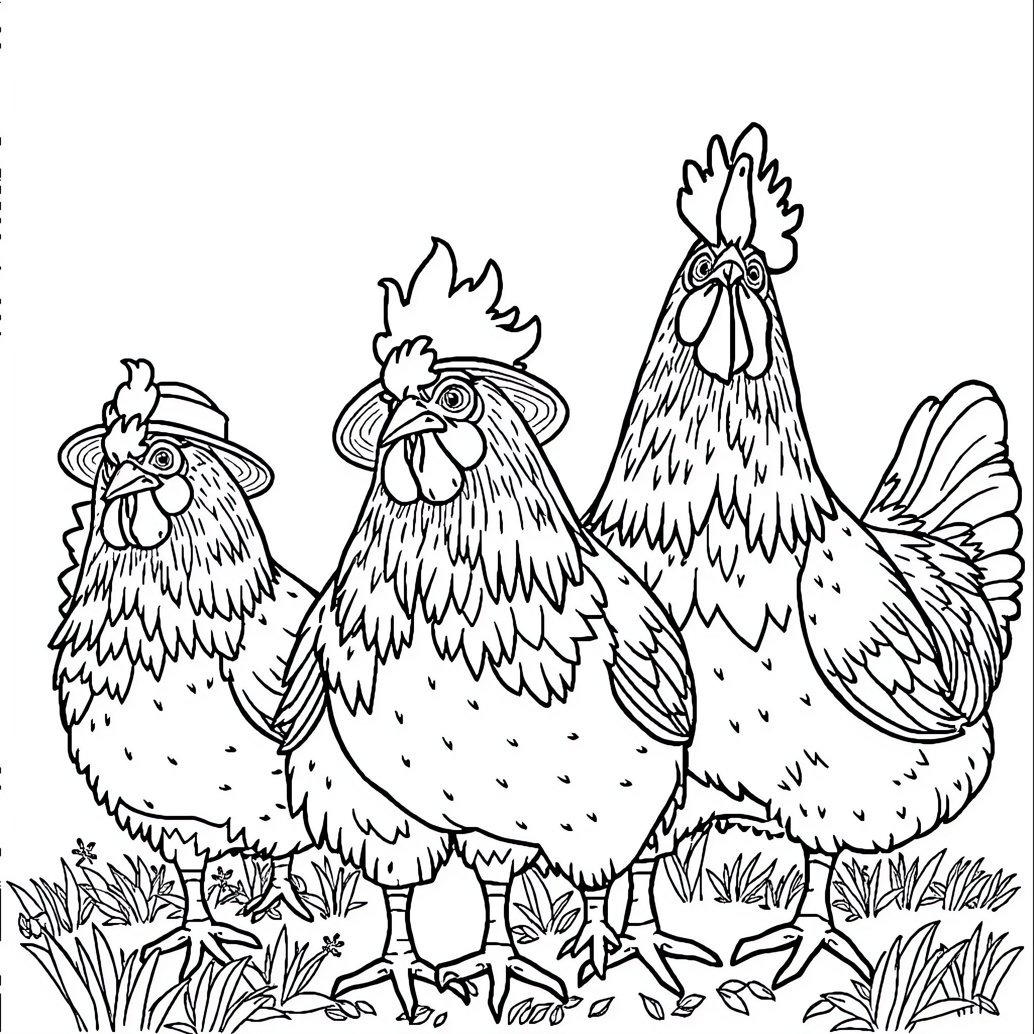 Chicken trio performing funny antics in the field Coloring Page (free black-and-white line drawing printable PDF for all, from beginners to advanced learners, including children, teens, adults, and seniors)