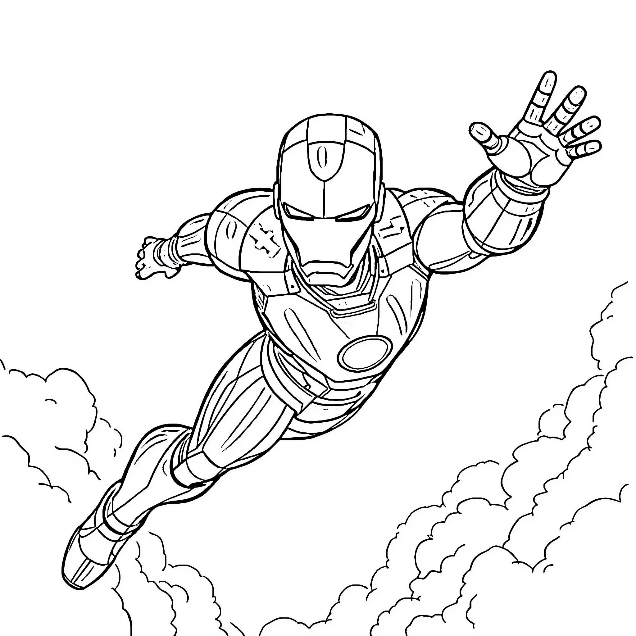 Iron Man soaring through the sky in action pose Coloring Page (free black-and-white line drawing printable PDF for all, from beginners to advanced learners, including children, teens, adults, and seniors)
