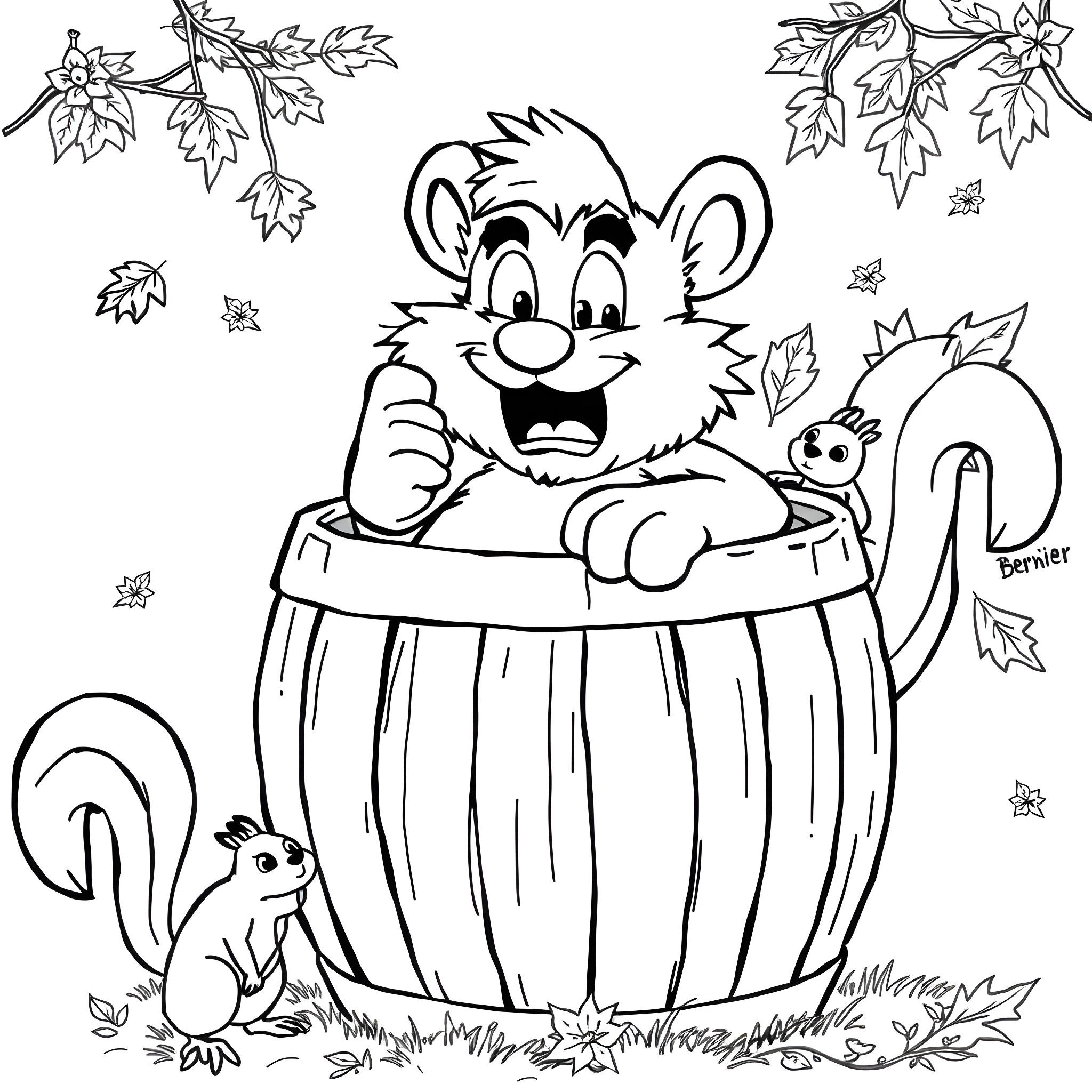 Bernie Brewer enjoying the autumn leaves with friendly critters Coloring Page (free black-and-white line drawing printable PDF for all, from beginners to advanced learners, including children, teens, adults, and seniors)