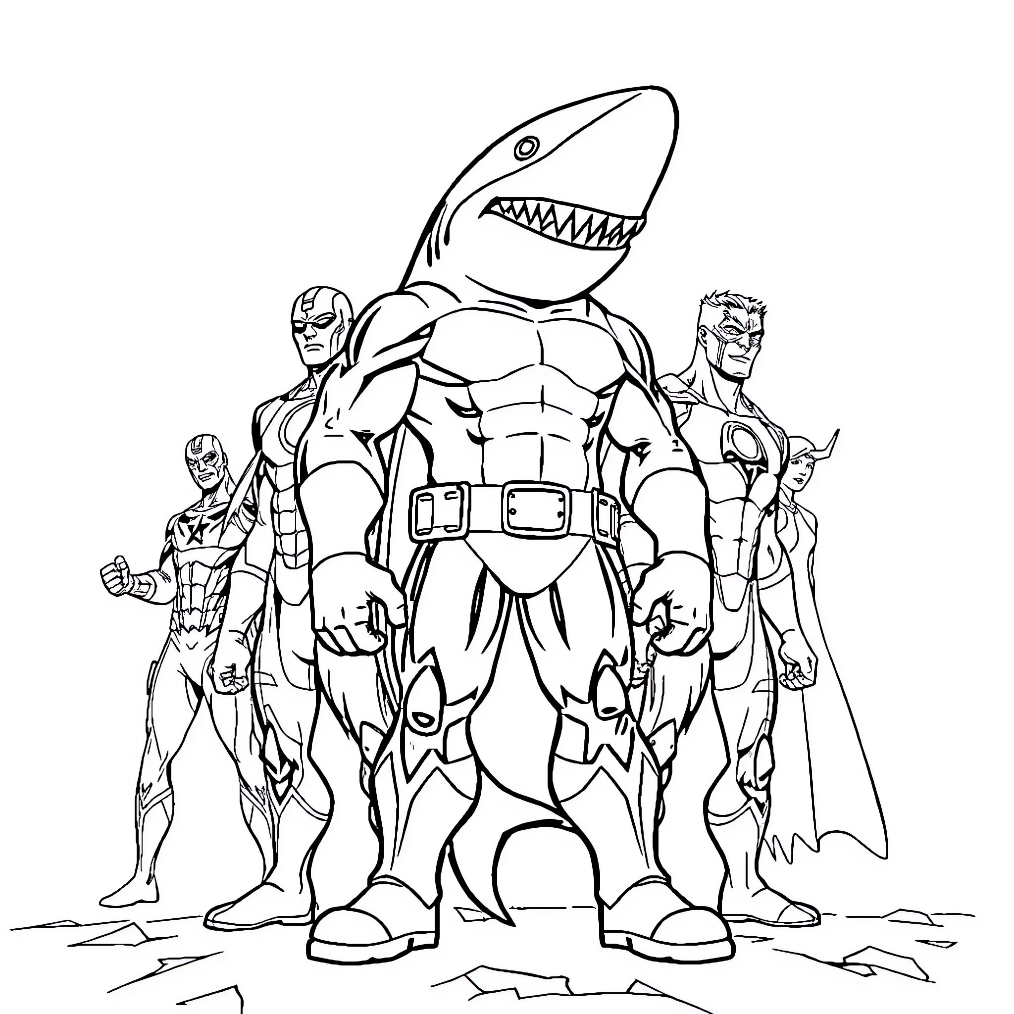 Shark-themed superheroes in action Coloring Page (free black-and-white line drawing printable PDF for all, from beginners to advanced learners, including children, teens, adults, and seniors)