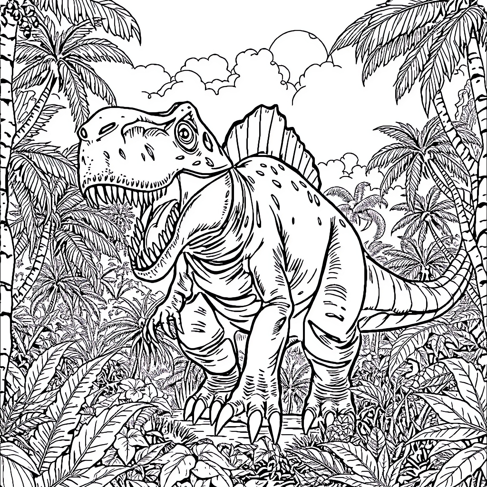 Gigantosaurus exploring lush tropical landscape Coloring Page (free black-and-white line drawing printable PDF for all, from beginners to advanced learners, including children, teens, adults, and seniors)