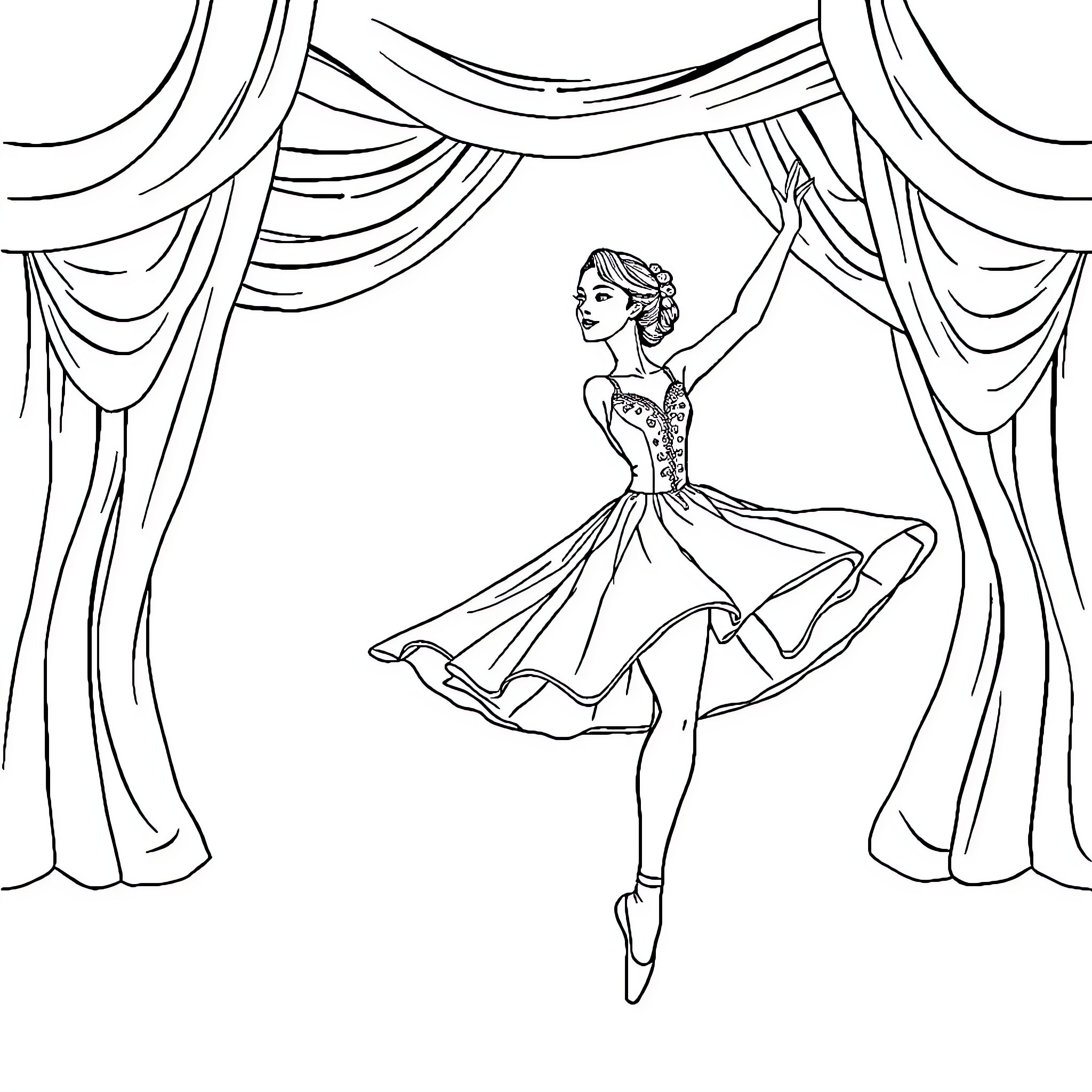Ballerina performing graceful dance on stage Coloring Page (free black-and-white line drawing printable PDF for all, from beginners to advanced learners, including children, teens, adults, and seniors)
