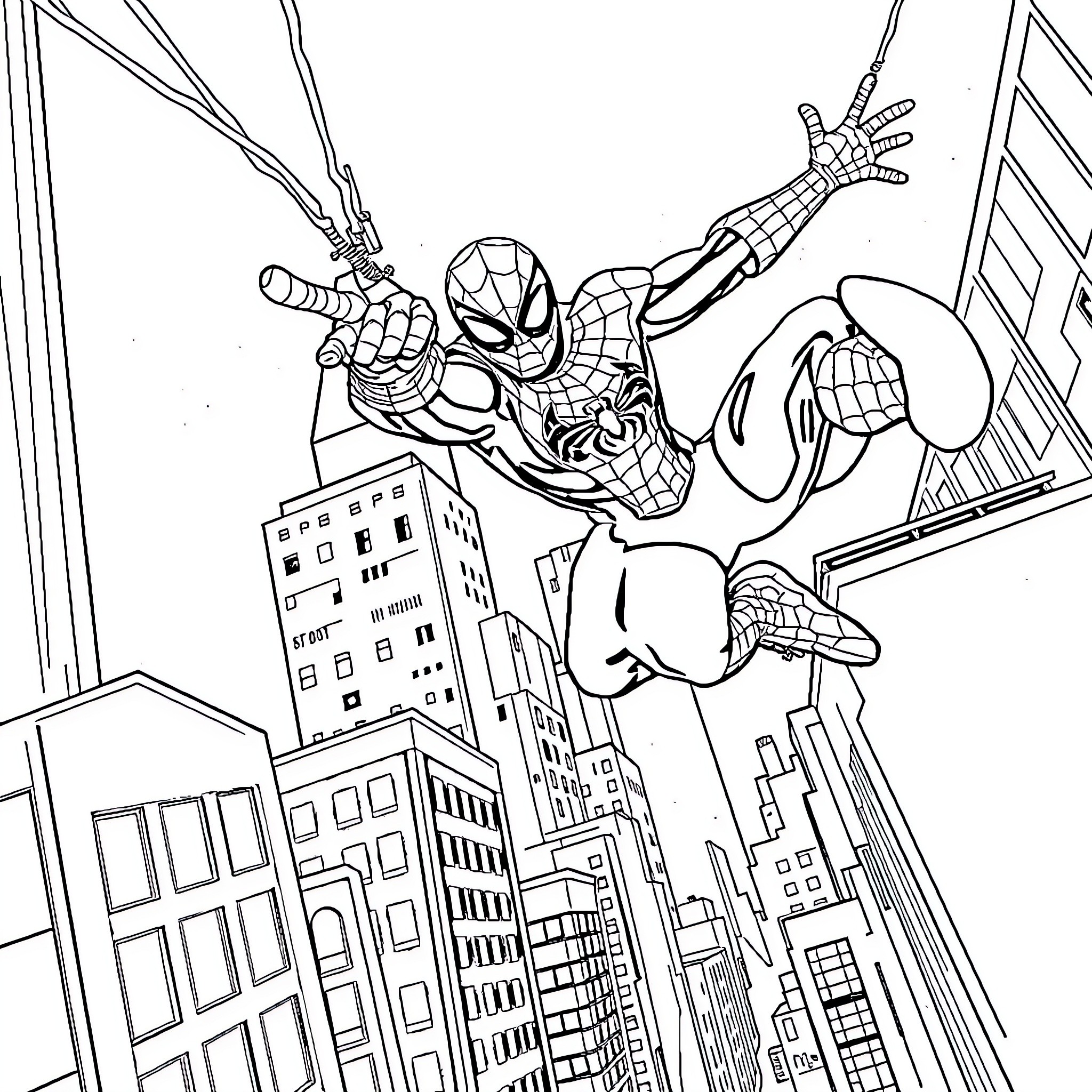 Spiderman swinging through the city skyline Coloring Page (free black-and-white line drawing printable PDF for all, from beginners to advanced learners, including children, teens, adults, and seniors)