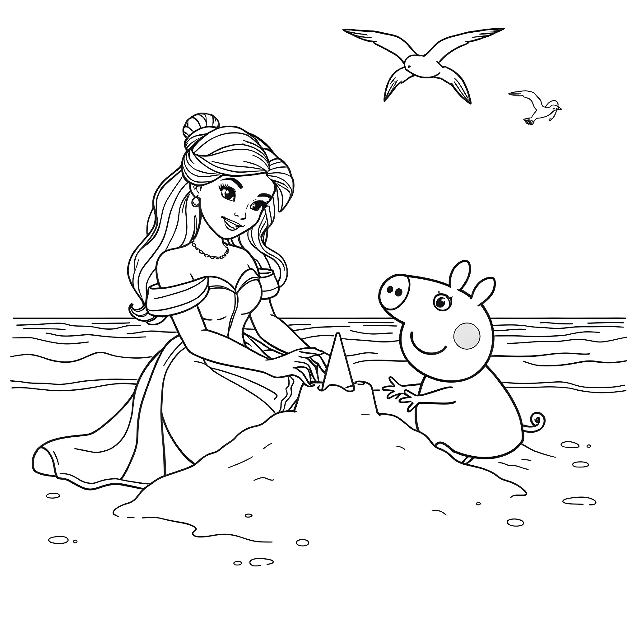 Belle playing with Peppa Pig on the beach Coloring Page (free black-and-white line drawing printable PDF for all, from beginners to advanced learners, including children, teens, adults, and seniors)