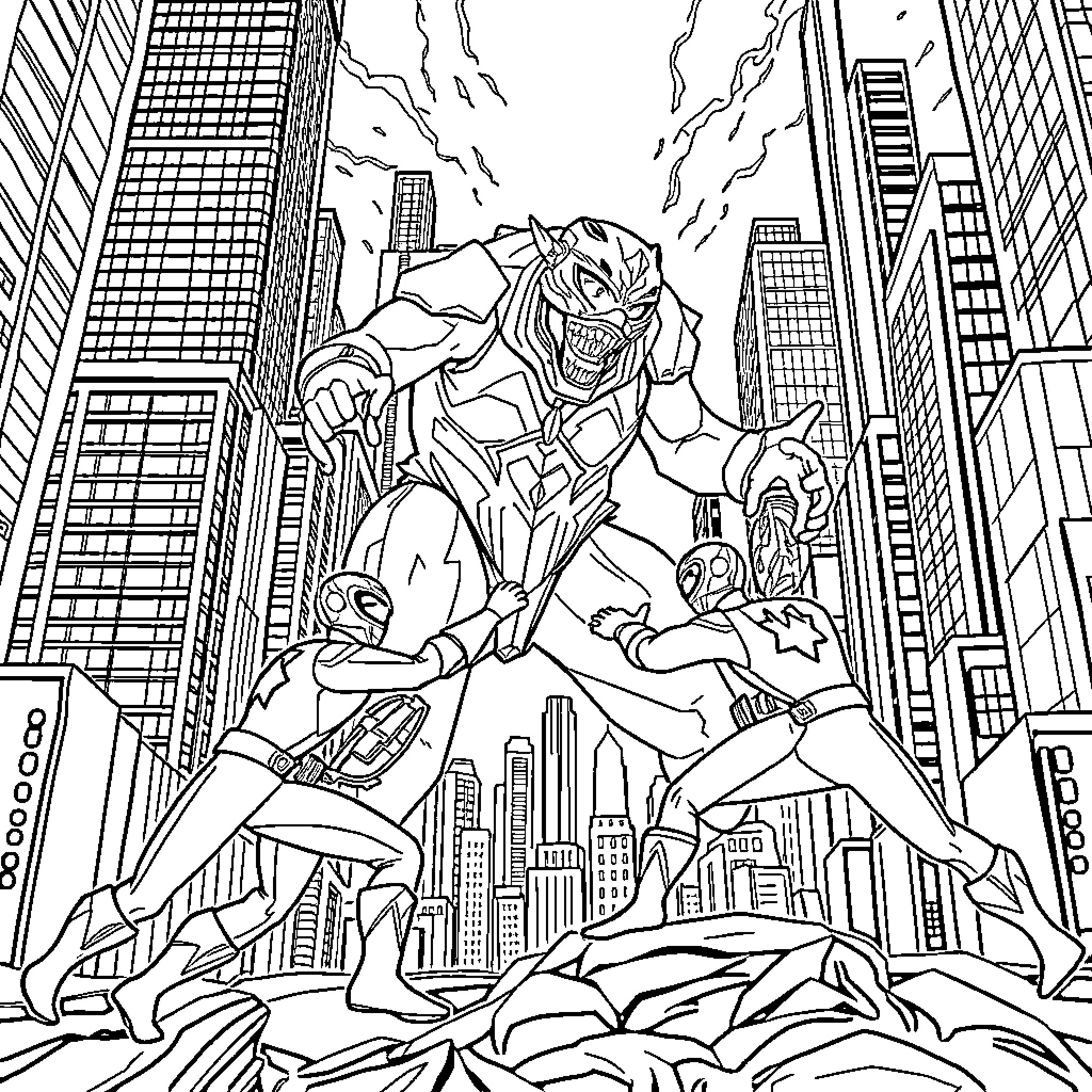 Power Ranger Superheroes in Epic City Battle Coloring Page (free black-and-white line drawing printable PDF for all, from beginners to advanced learners, including children, teens, adults, and seniors)