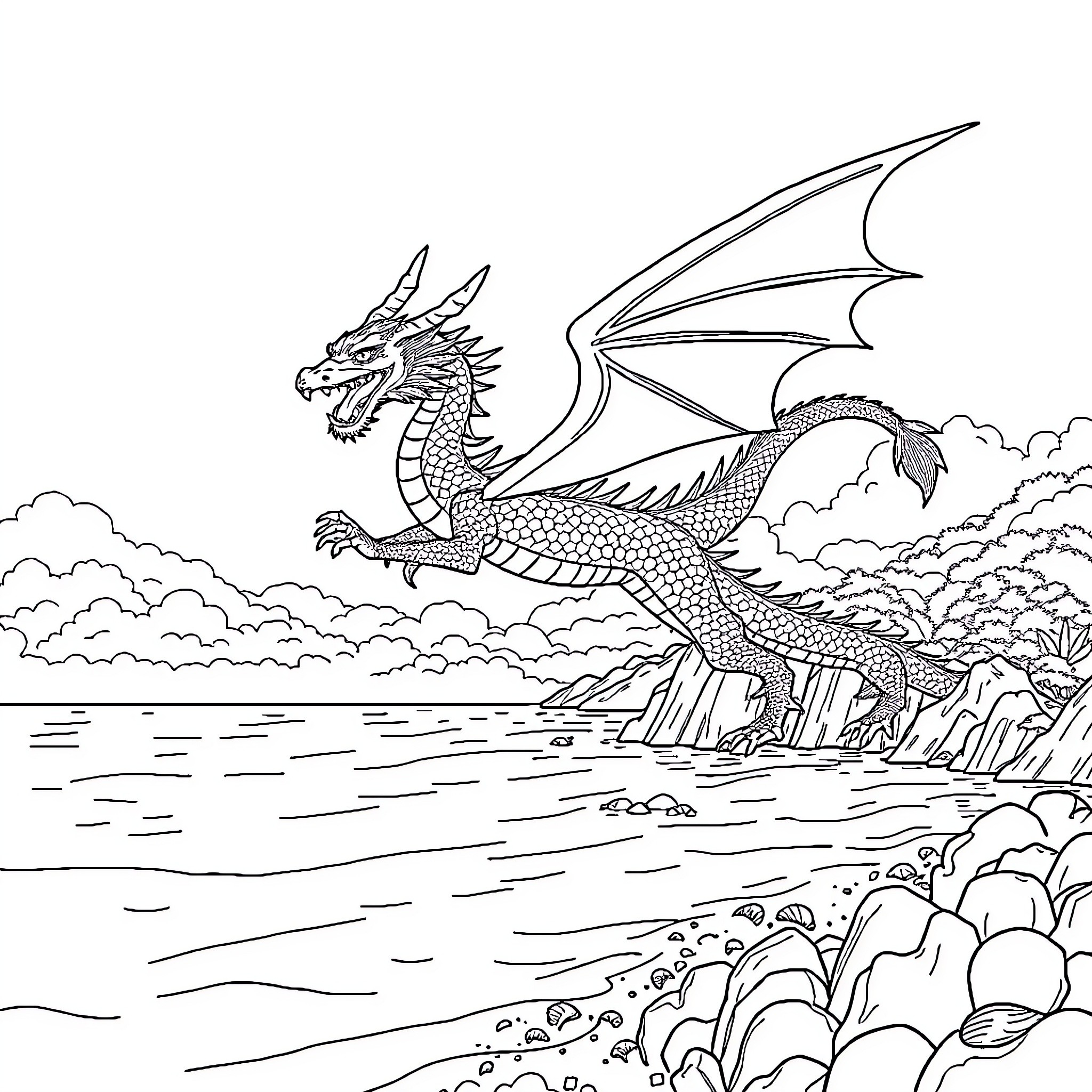 Dragon soaring majestically over a rocky coastline Coloring Page (free black-and-white line drawing printable PDF for all, from beginners to advanced learners, including children, teens, adults, and seniors)