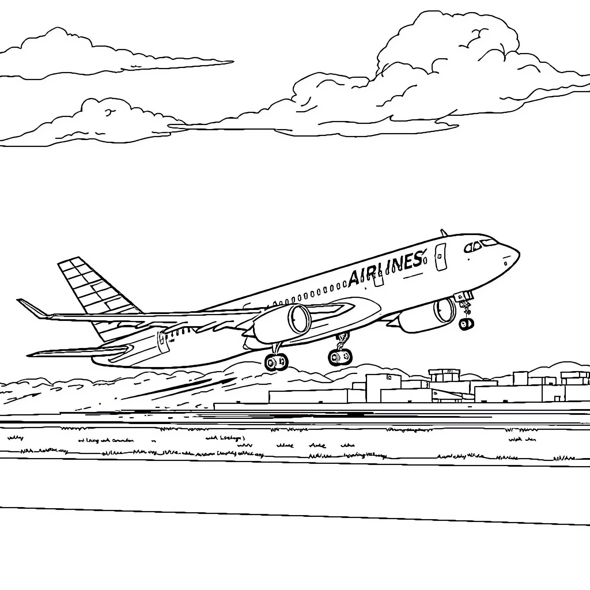 Airline aircraft taking off from runway Coloring Page (free black-and-white line drawing printable PDF for all, from beginners to advanced learners, including children, teens, adults, and seniors)