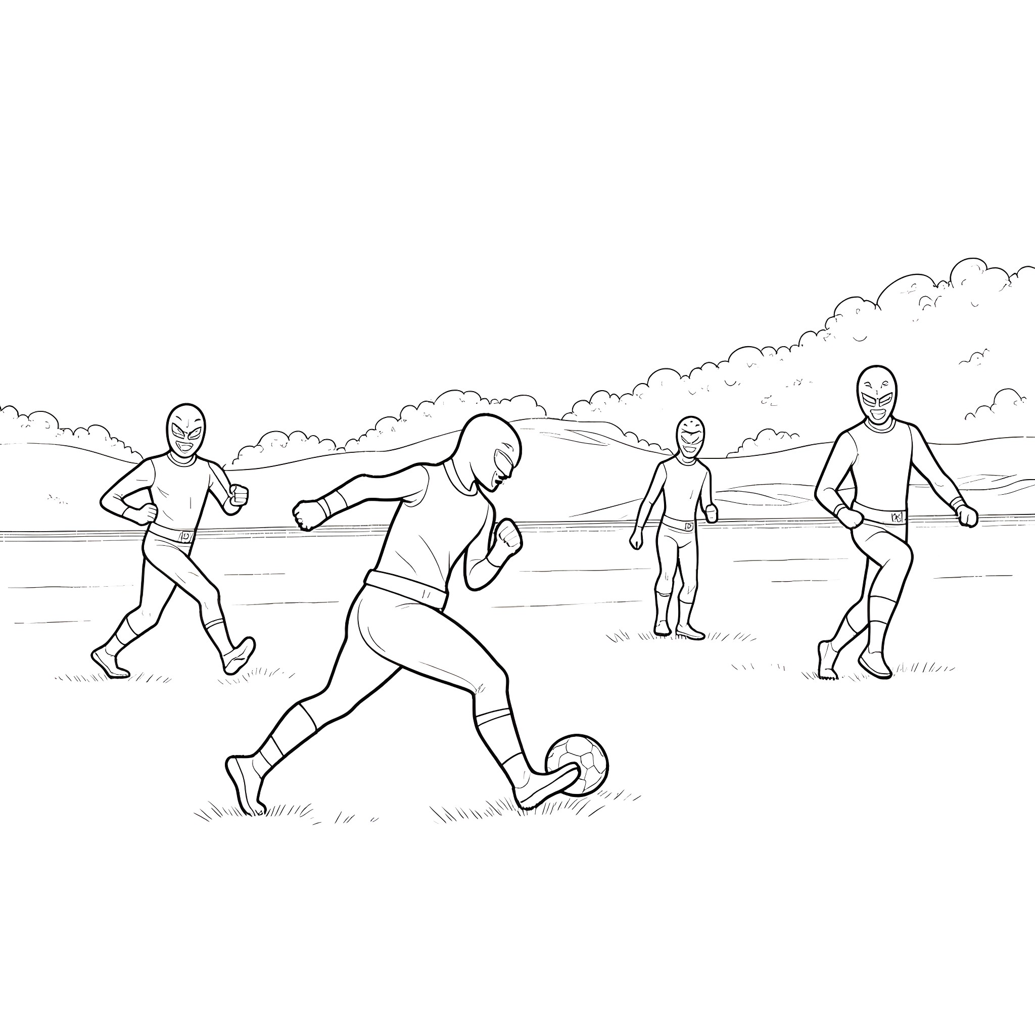 Power Rangers on the Beach in Action Coloring Page (free black-and-white line drawing printable PDF for all, from beginners to advanced learners, including children, teens, adults, and seniors)
