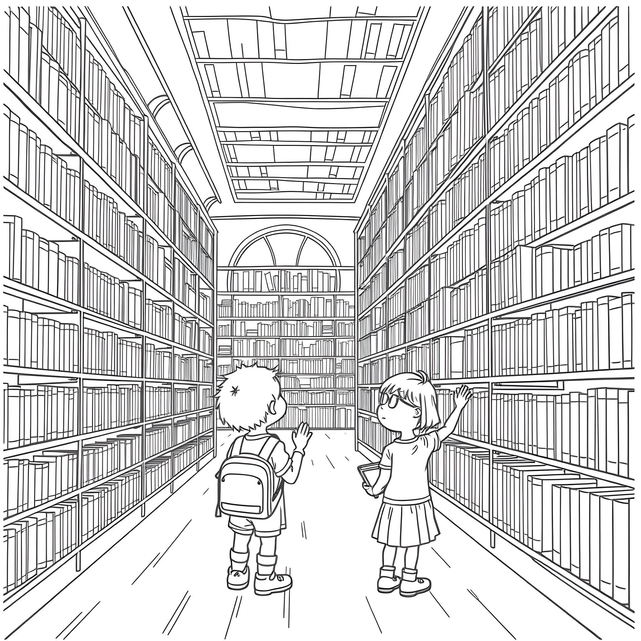 Children exploring and discovering in a library Coloring Page (free black-and-white line drawing printable PDF for all, from beginners to advanced learners, including children, teens, adults, and seniors)