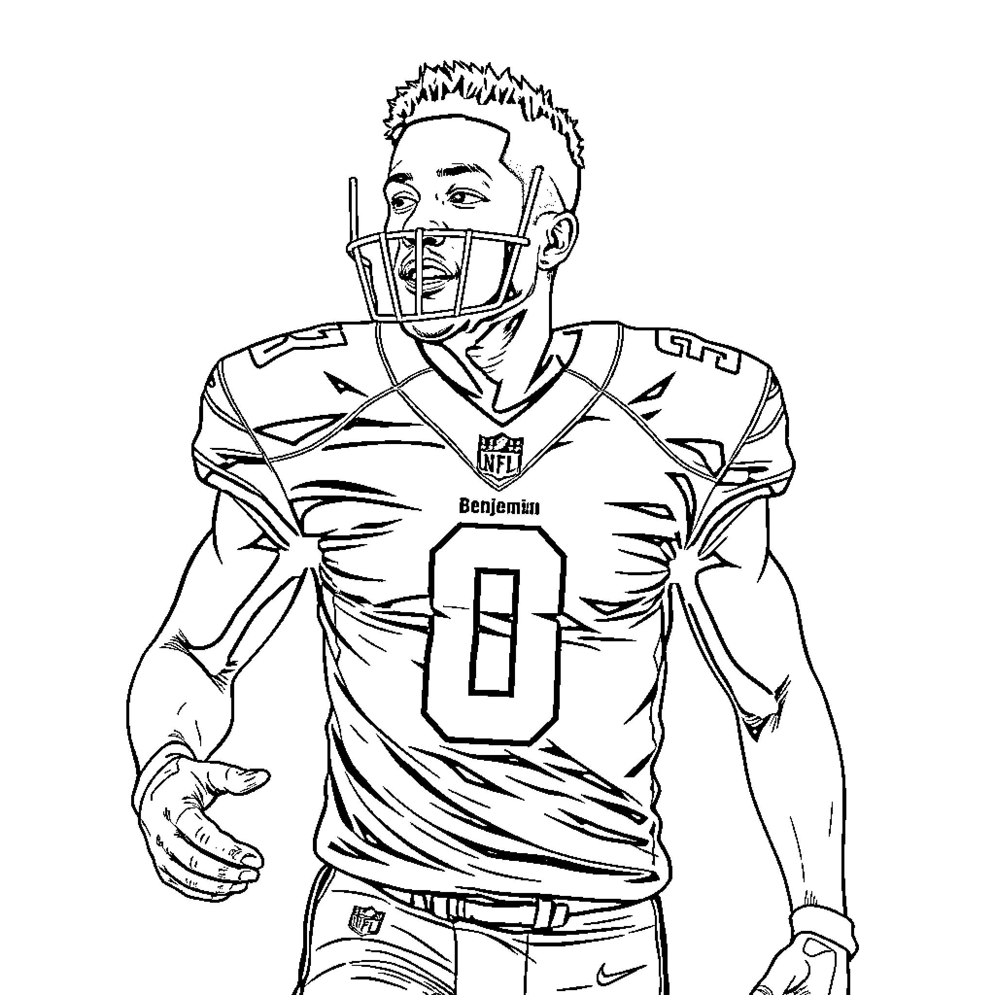 Football Player in Uniform and Helmet Coloring Page (free black-and-white line drawing printable PDF for all, from beginners to advanced learners, including children, teens, adults, and seniors)