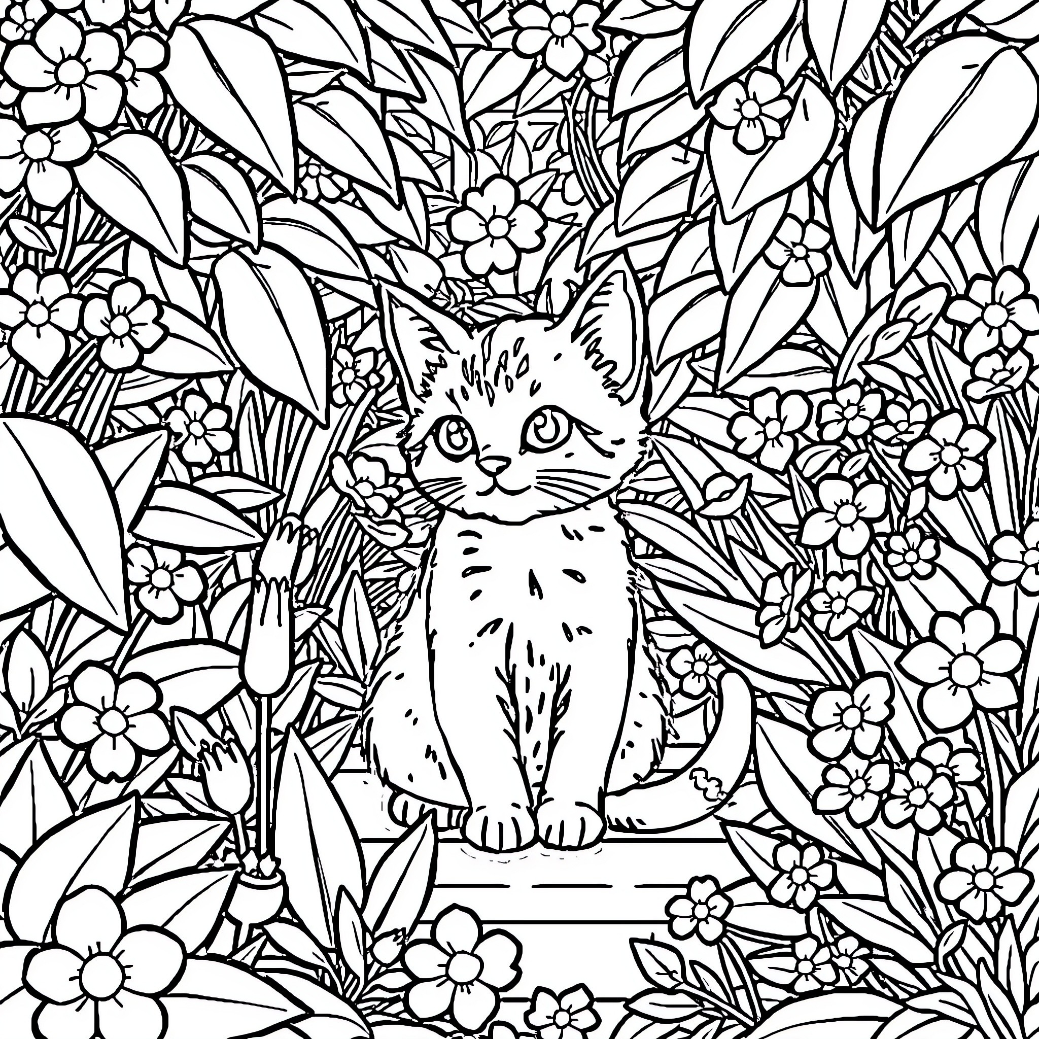 Cat among floral patterns Coloring Page (free black-and-white line drawing printable PDF for all, from beginners to advanced learners, including children, teens, adults, and seniors)