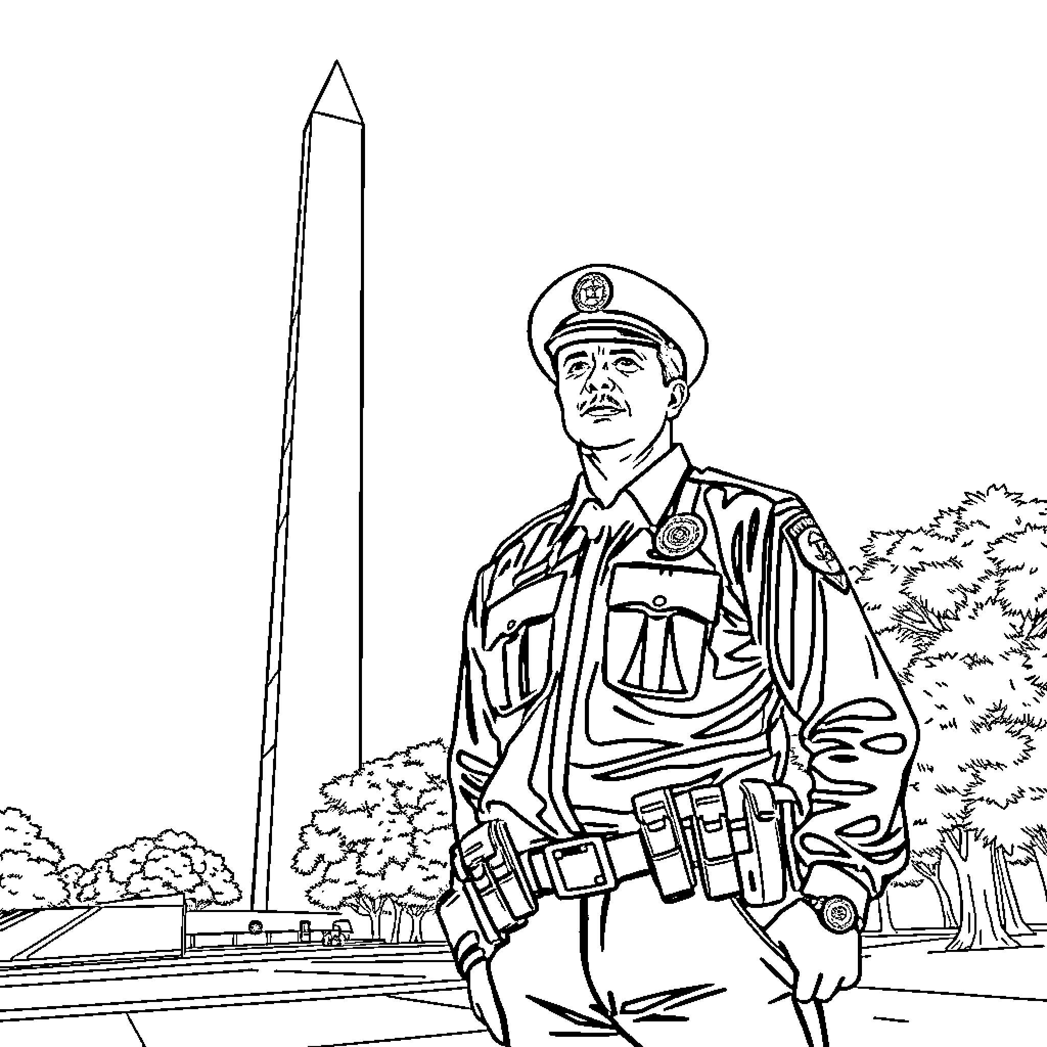 TSA Officer standing vigilantly near historical monument Coloring Page (free black-and-white line drawing printable PDF for all, from beginners to advanced learners, including children, teens, adults, and seniors)