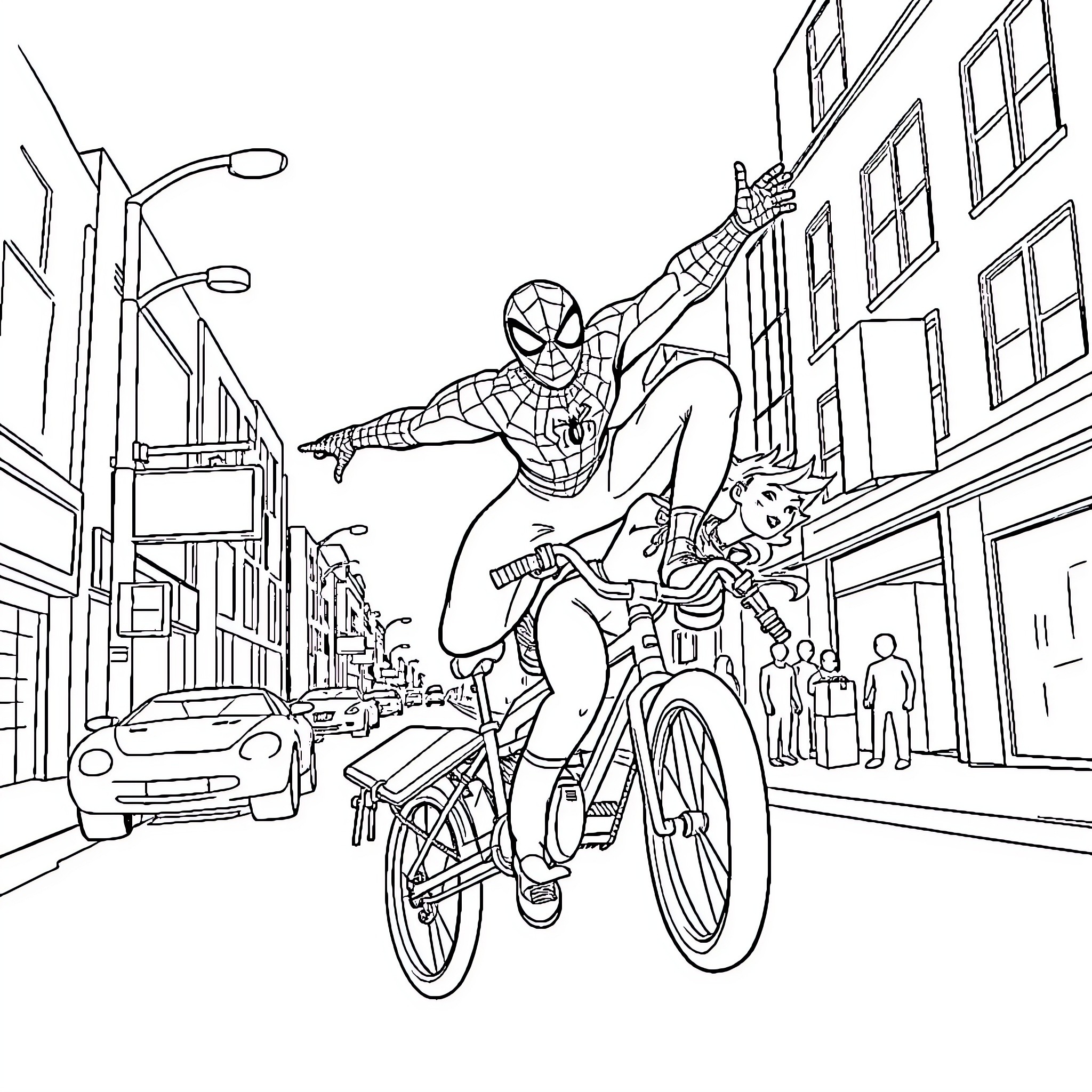 Spiderman swinging through the city on a bicycle Coloring Page (free black-and-white line drawing printable PDF for all, from beginners to advanced learners, including children, teens, adults, and seniors)