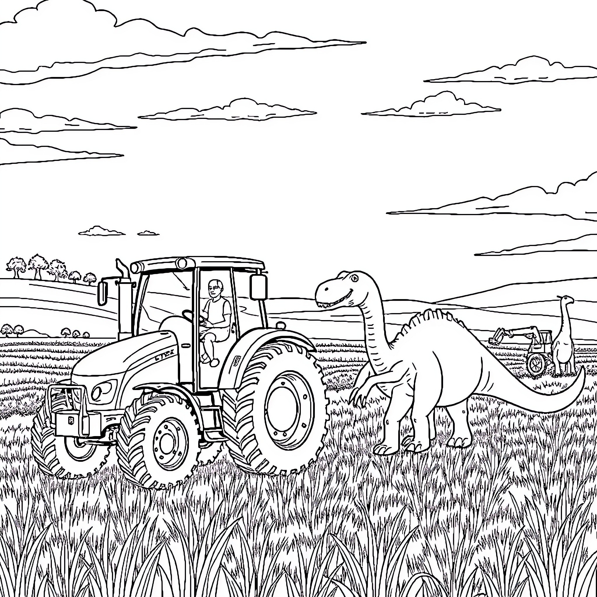 Tractor plowing field with dinosaur Coloring Page (free black-and-white line drawing printable PDF for all, from beginners to advanced learners, including children, teens, adults, and seniors)