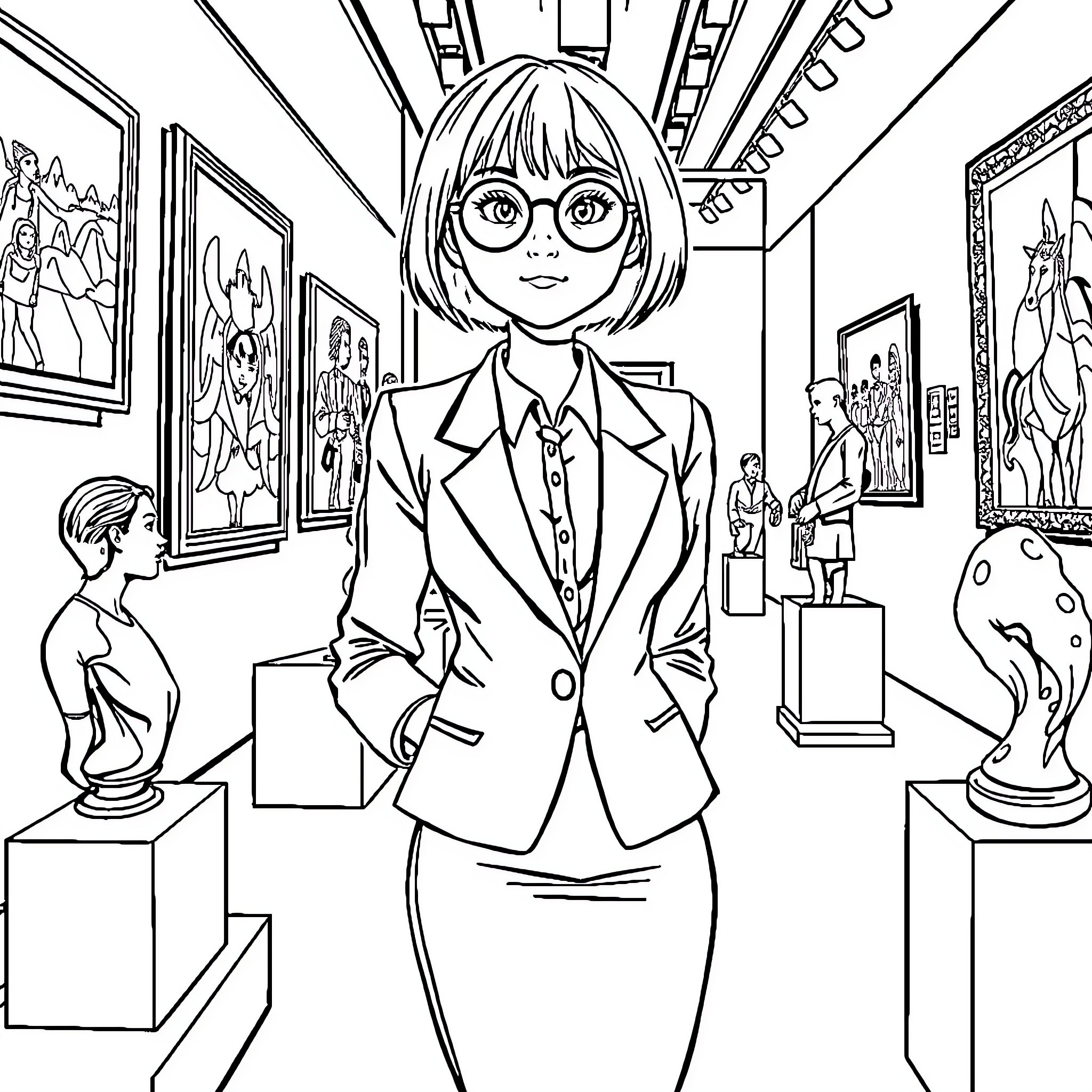 Girl exploring an art gallery with paintings and sculptures Coloring Page (free black-and-white line drawing printable PDF for all, from beginners to advanced learners, including children, teens, adults, and seniors)