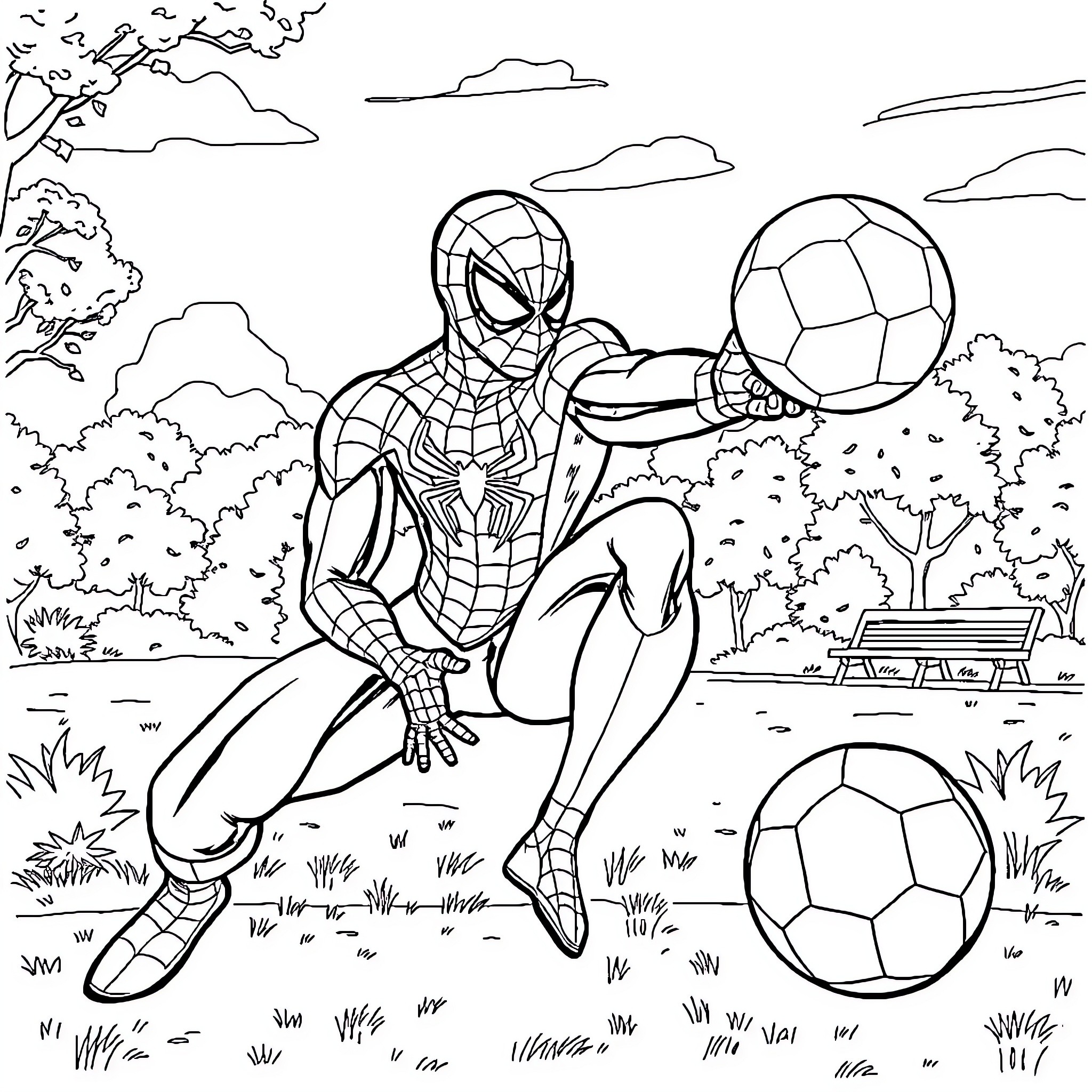 Spiderman playing with soccer balls in the park Coloring Page (free black-and-white line drawing printable PDF for all, from beginners to advanced learners, including children, teens, adults, and seniors)