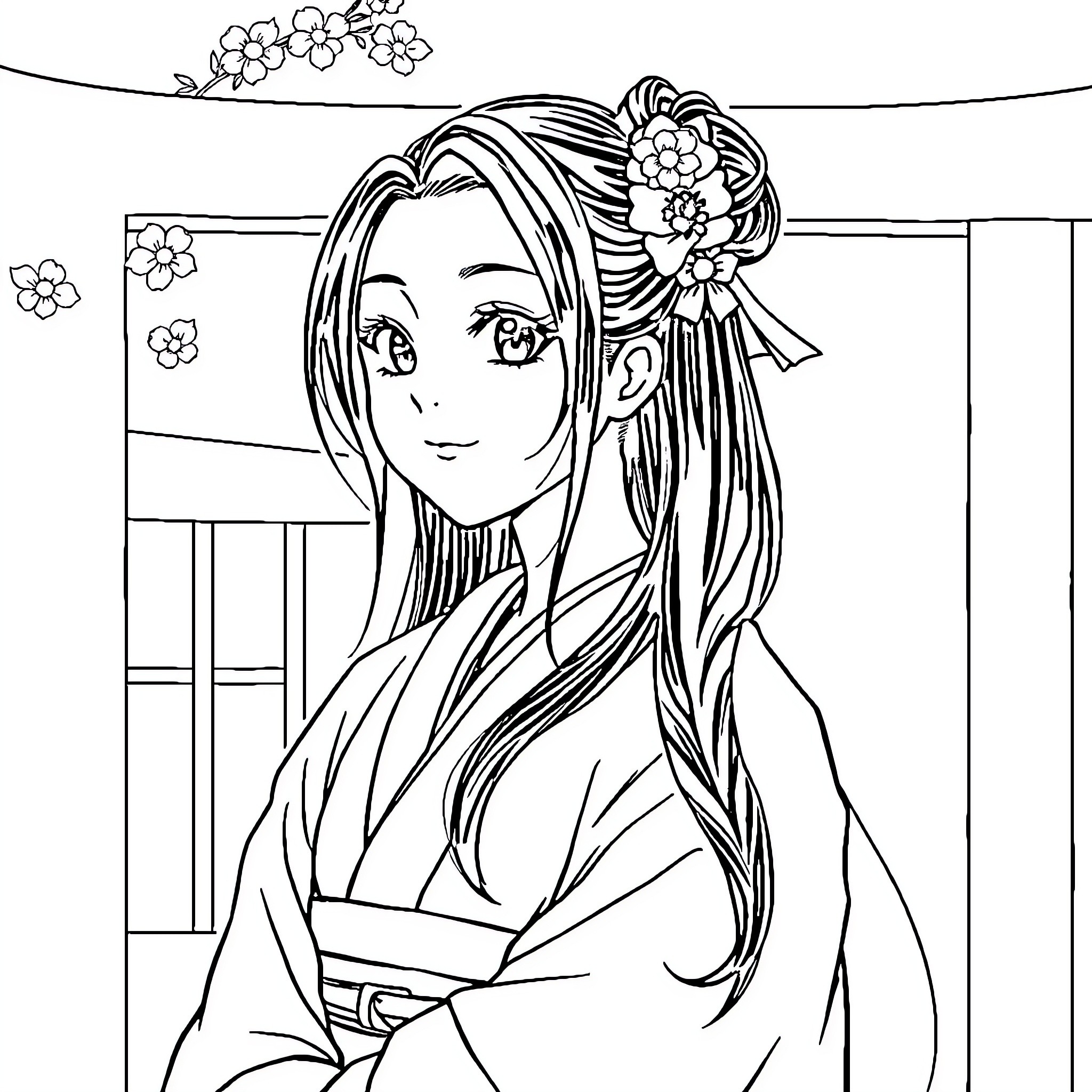 Nezuko in elegant kimono with floral accents Coloring Page (free black-and-white line drawing printable PDF for all, from beginners to advanced learners, including children, teens, adults, and seniors)