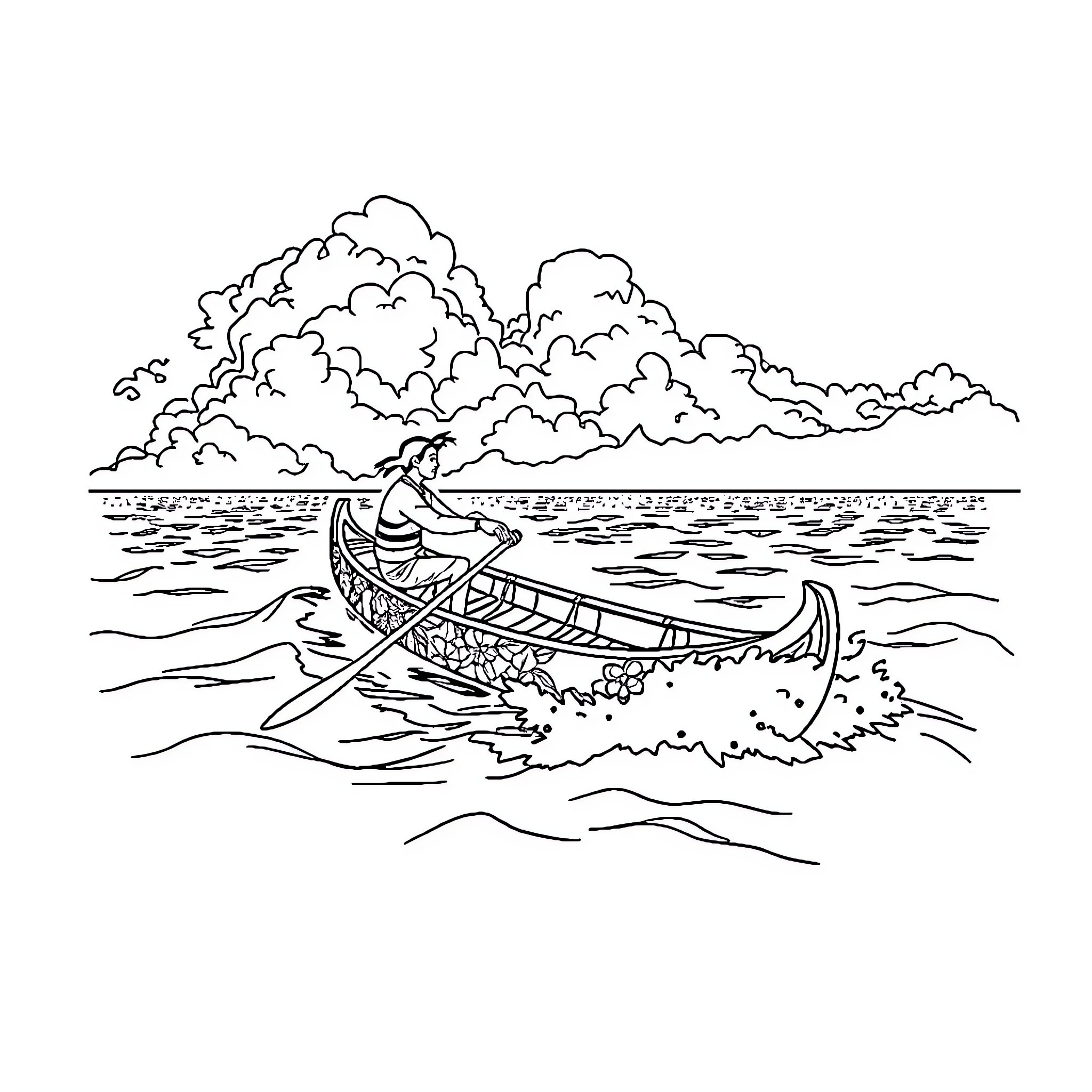 Canoe carrying person through cloudy landscape Coloring Page (free black-and-white line drawing printable PDF for all, from beginners to advanced learners, including children, teens, adults, and seniors)