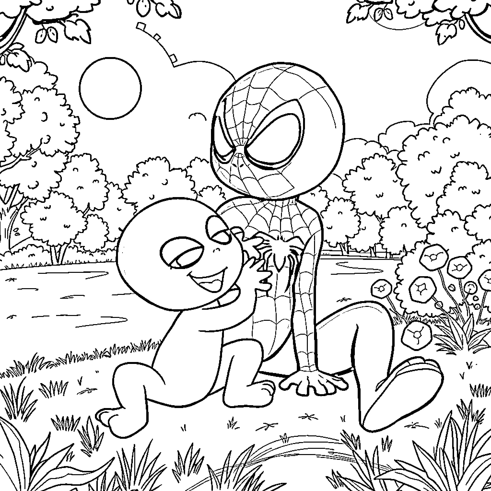 Bluey playing outdoors with Spider-Man Coloring Page (free black-and-white line drawing printable PDF for all, from beginners to advanced learners, including children, teens, adults, and seniors)