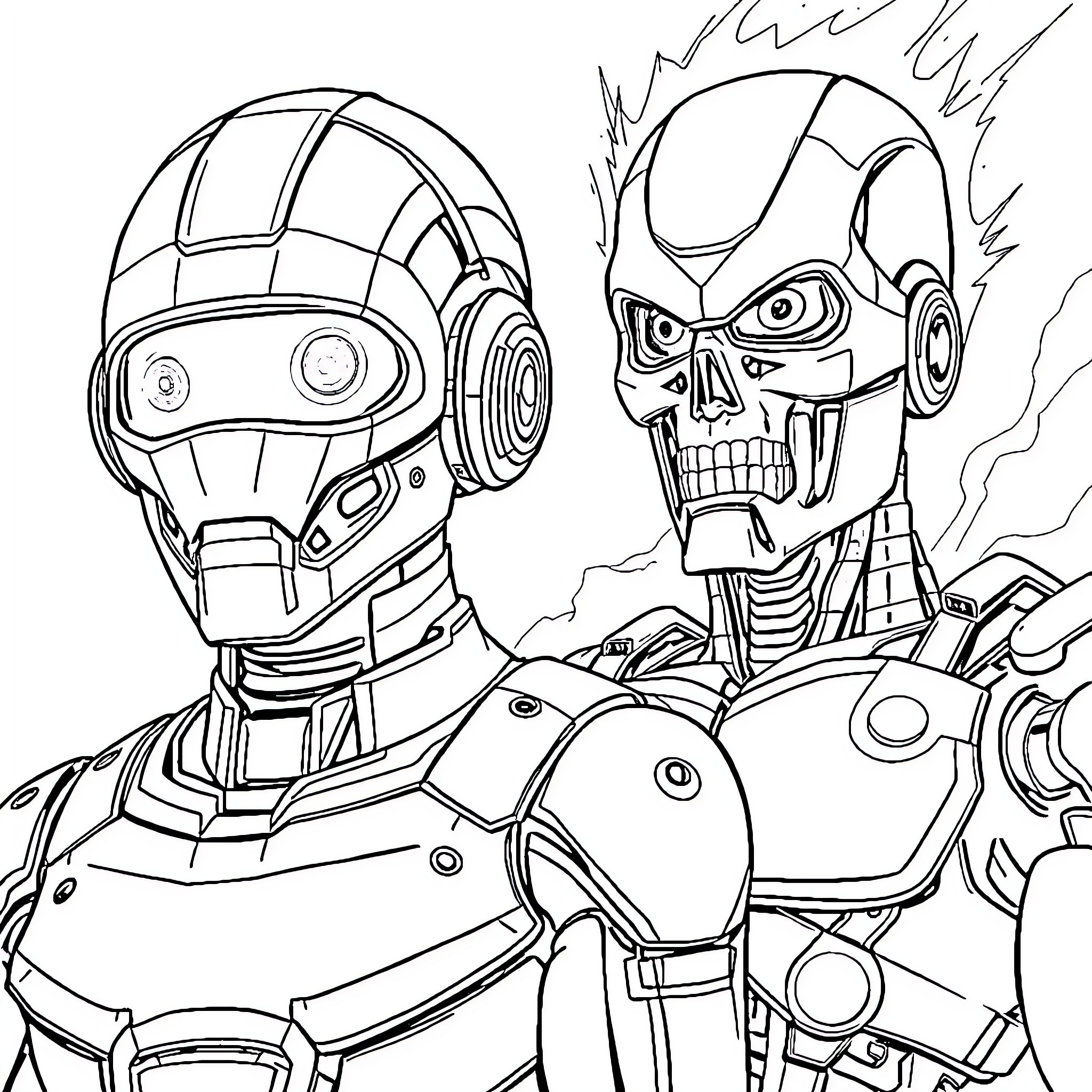 HAL 9000 Robots in Intense Confrontation Coloring Page (free black-and-white line drawing printable PDF for all, from beginners to advanced learners, including children, teens, adults, and seniors)