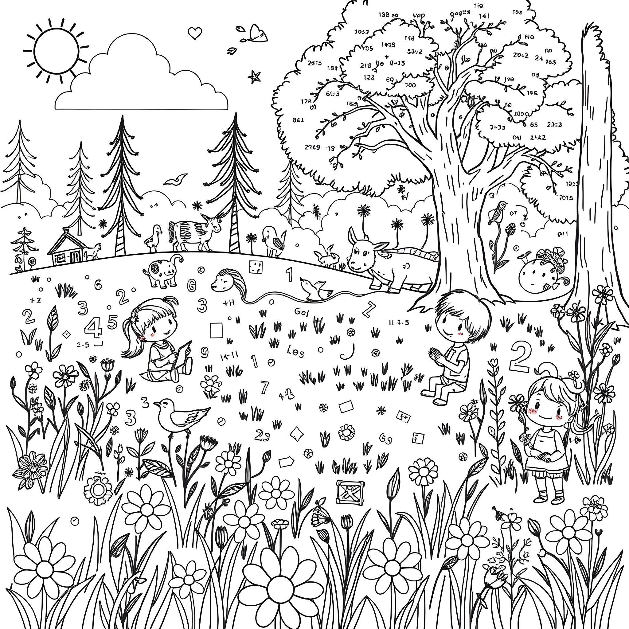 Child playing in a whimsical outdoor scene Coloring Page (free black-and-white line drawing printable PDF for all, from beginners to advanced learners, including children, teens, adults, and seniors)