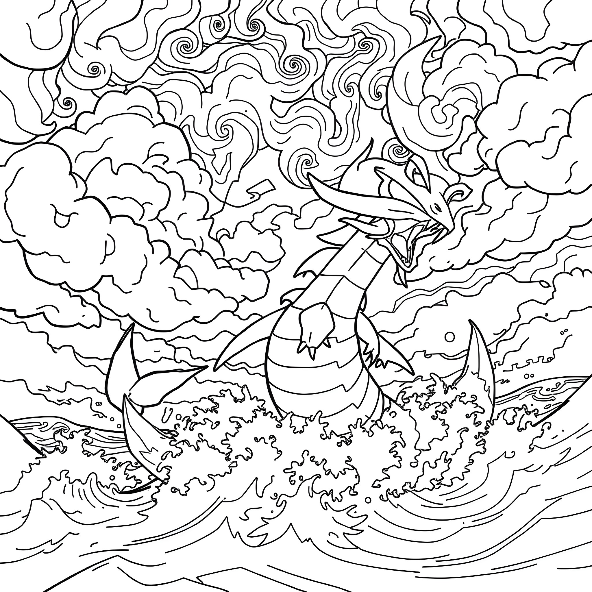 Gyarados emerging from turbulent waters Coloring Page (free black-and-white line drawing printable PDF for all, from beginners to advanced learners, including children, teens, adults, and seniors)