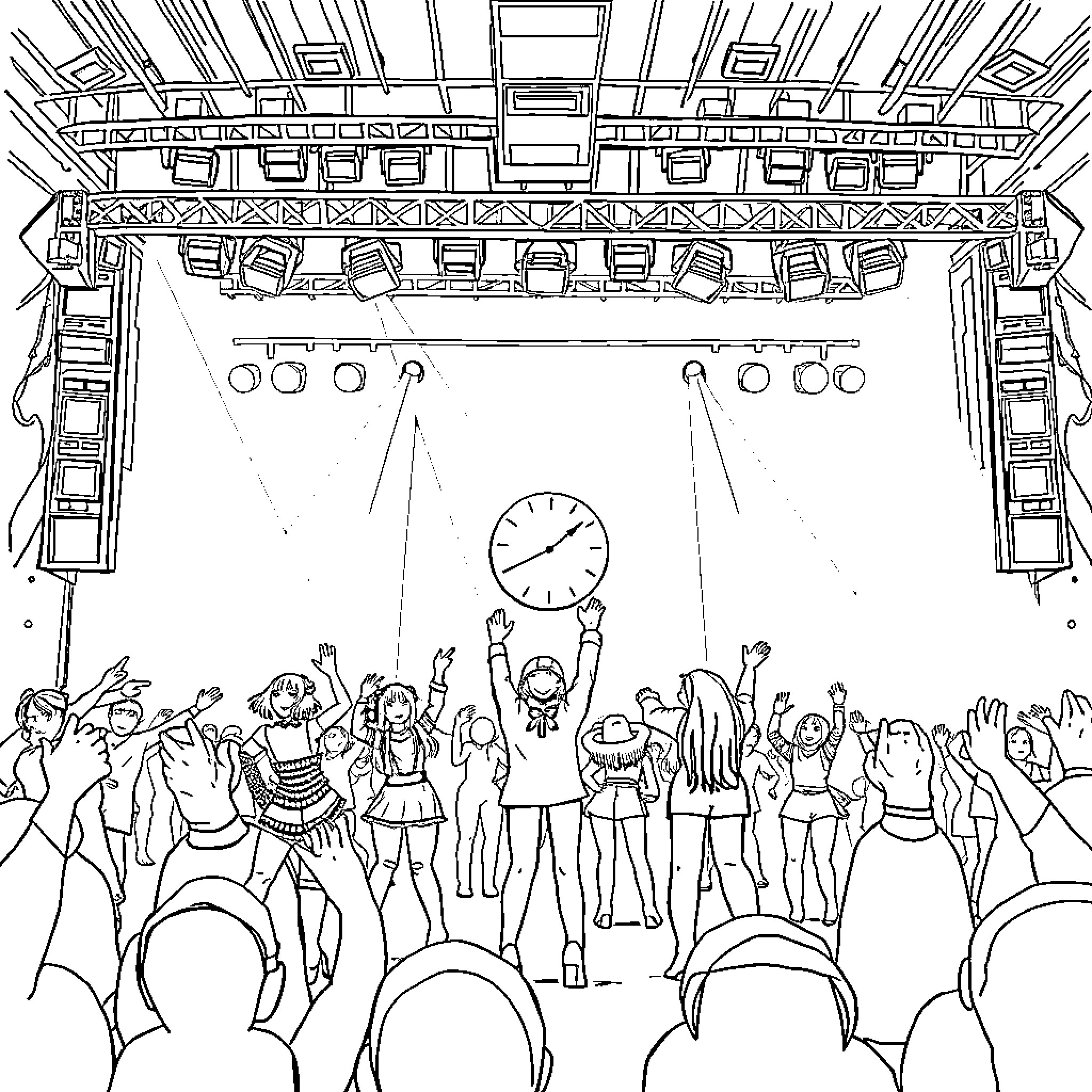 Kpop performers entertaining excited crowd on stage Coloring Page (free black-and-white line drawing printable PDF for all, from beginners to advanced learners, including children, teens, adults, and seniors)