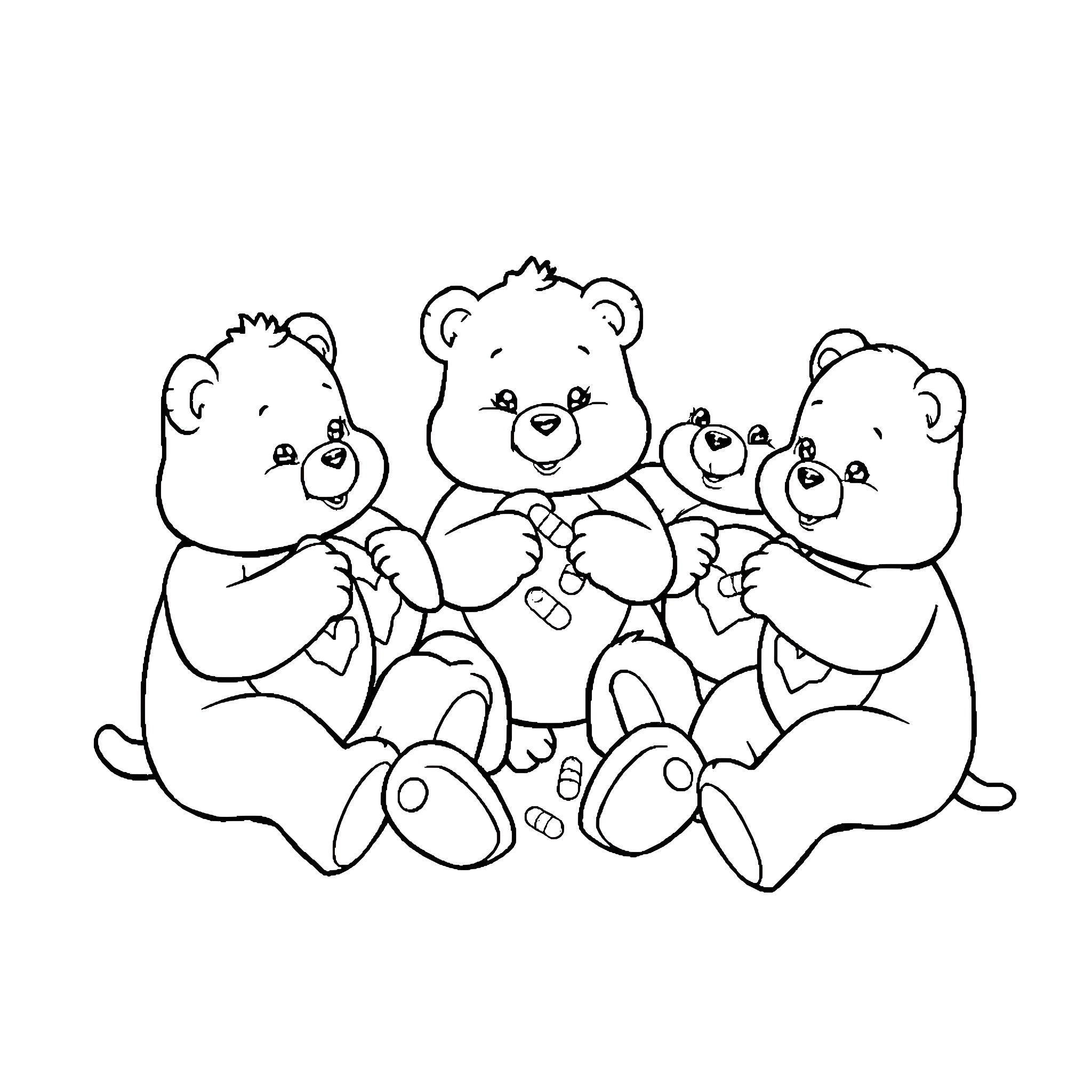 Care Bear family cuddling together Coloring Page (free black-and-white line drawing printable PDF for all, from beginners to advanced learners, including children, teens, adults, and seniors)