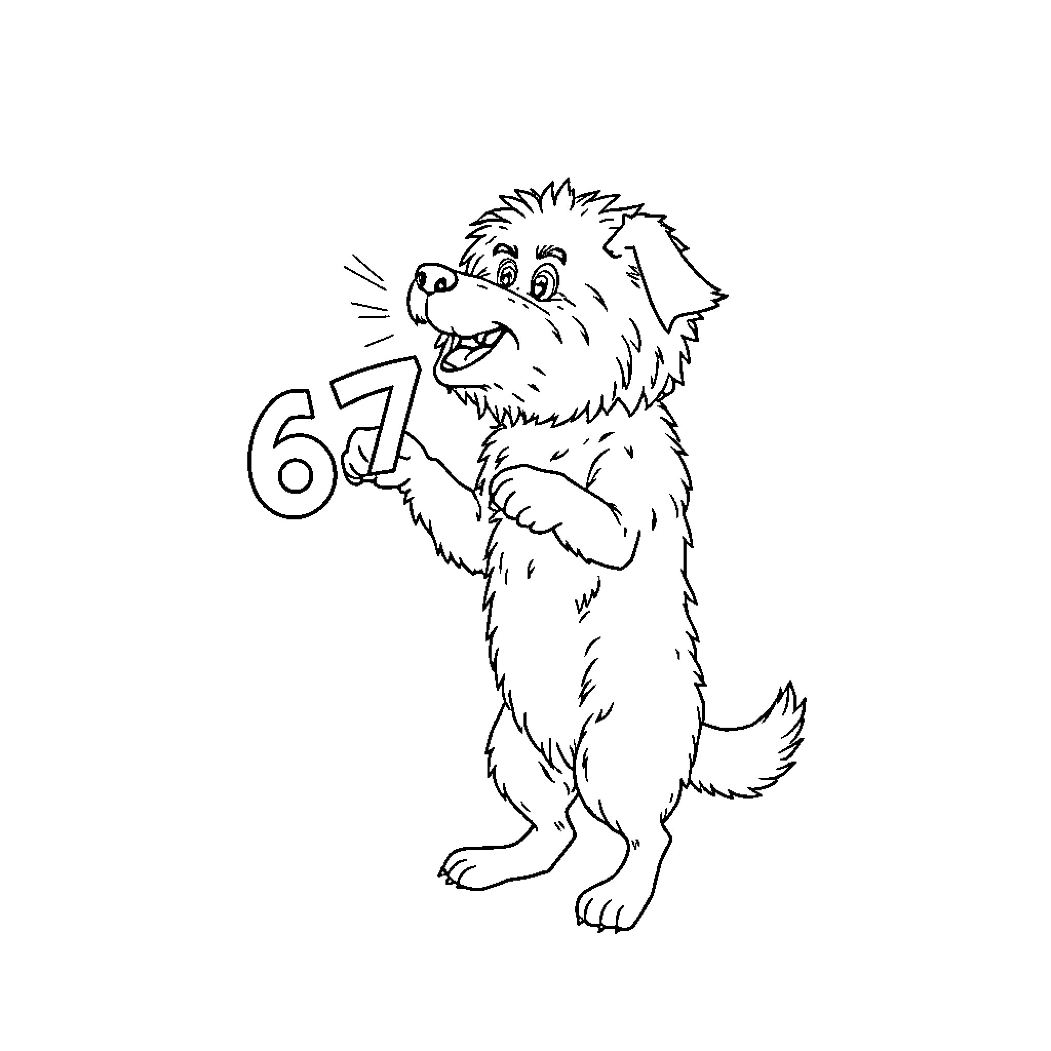 Dog celebrating 67th birthday cheerfully Coloring Page (free black-and-white line drawing printable PDF for all, from beginners to advanced learners, including children, teens, adults, and seniors)