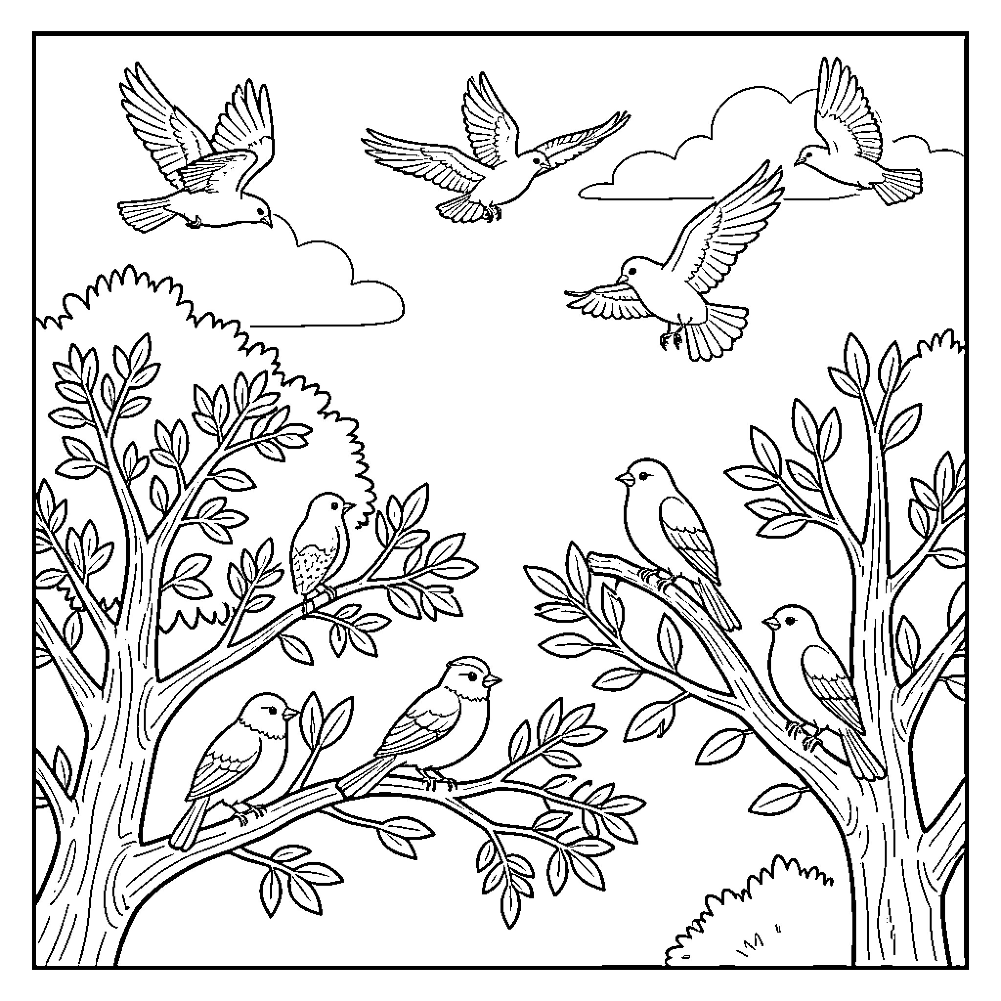 Bird flying and perching on tree branches Coloring Page (free black-and-white line drawing printable PDF for all, from beginners to advanced learners, including children, teens, adults, and seniors)