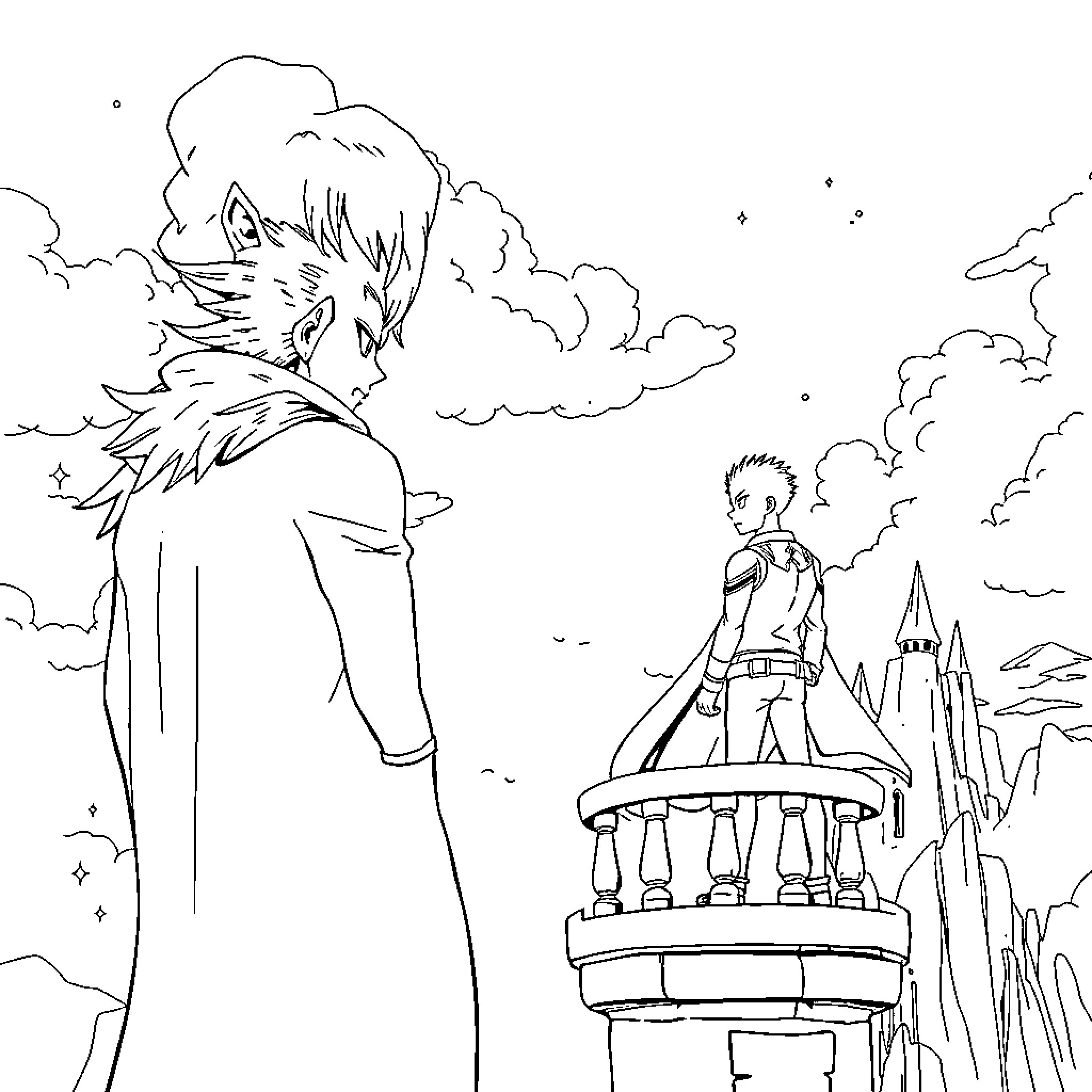 Howl among the clouds and castles Coloring Page (free black-and-white line drawing printable PDF for all, from beginners to advanced learners, including children, teens, adults, and seniors)