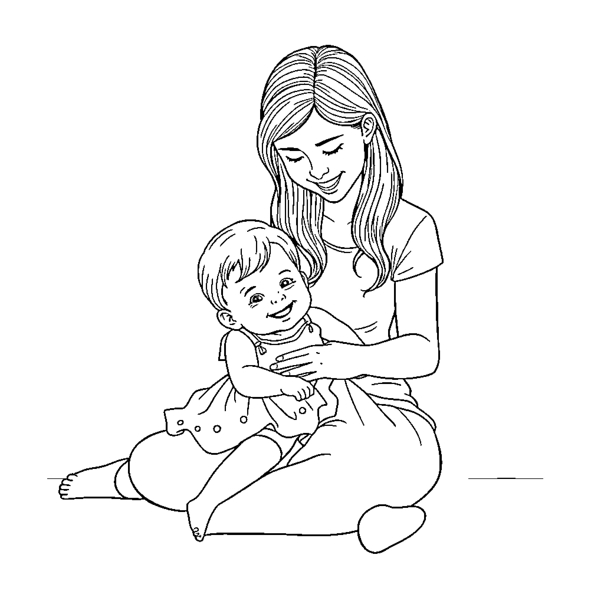 Mom and child enjoying a tender moment Coloring Page (free black-and-white line drawing printable PDF for all, from beginners to advanced learners, including children, teens, adults, and seniors)