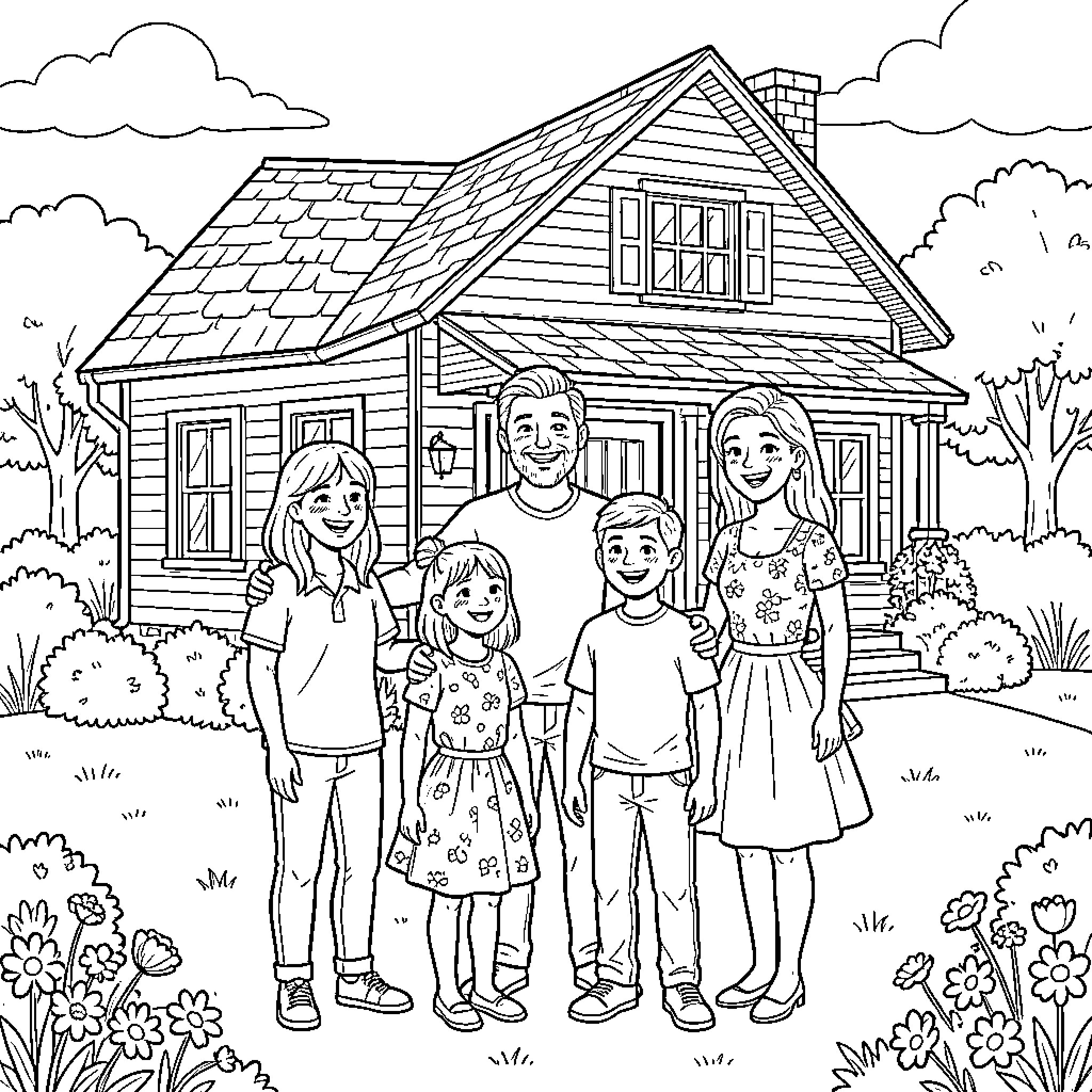 Family smiling together in front of their house Coloring Page (free black-and-white line drawing printable PDF for all, from beginners to advanced learners, including children, teens, adults, and seniors)