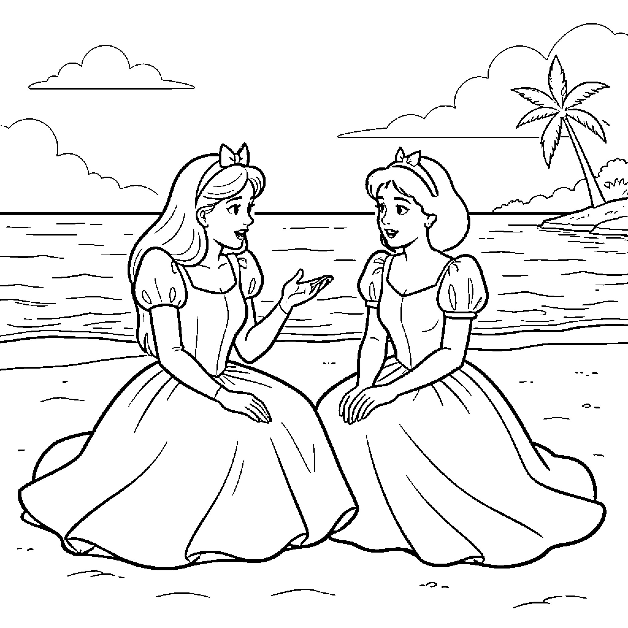 Blanche Neige sitting and talking on a beach Coloring Page (free black-and-white line drawing printable PDF for all, from beginners to advanced learners, including children, teens, adults, and seniors)