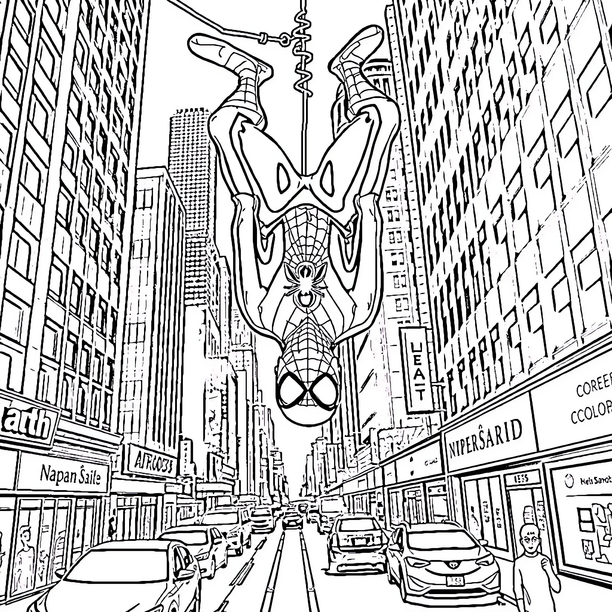 Spiderman swinging through the bustling city streets Coloring Page (free black-and-white line drawing printable PDF for all, from beginners to advanced learners, including children, teens, adults, and seniors)