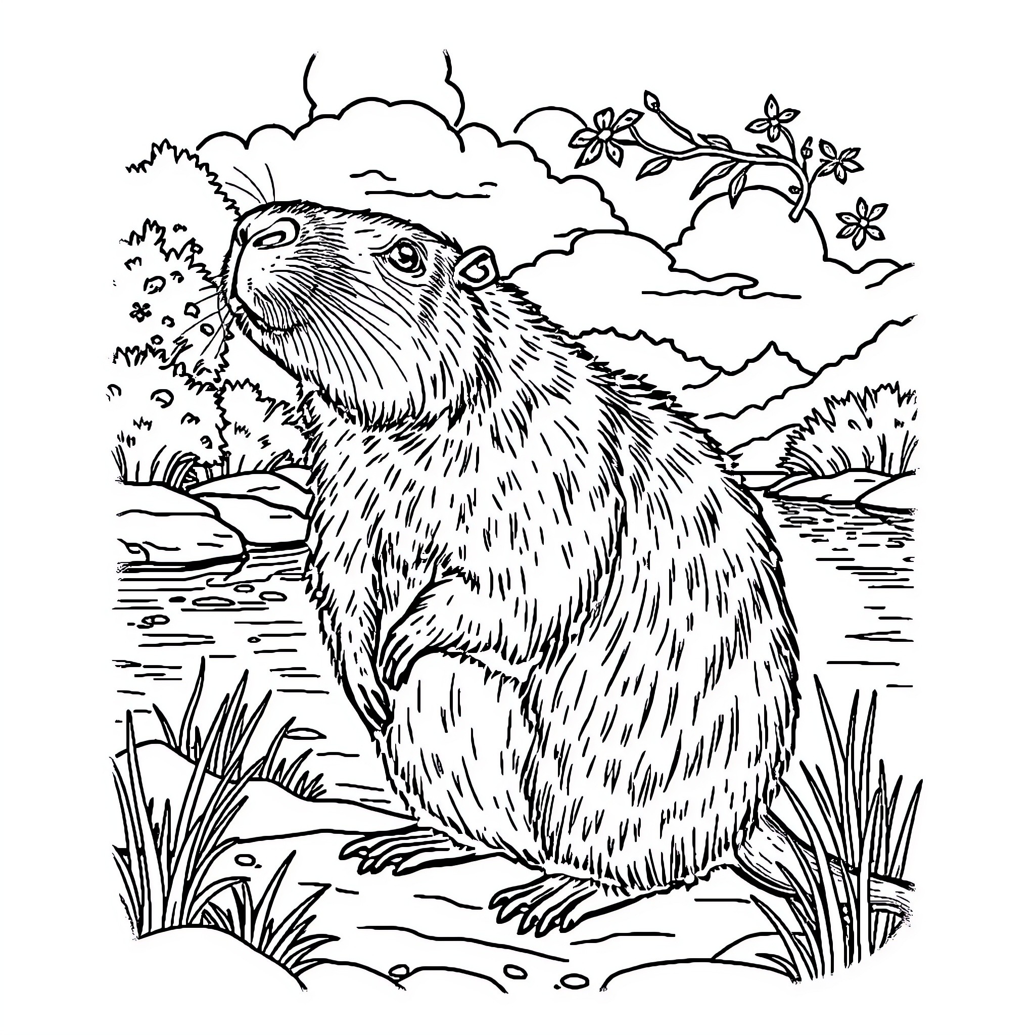 Capybara enjoying serene natural surroundings Coloring Page (free black-and-white line drawing printable PDF for all, from beginners to advanced learners, including children, teens, adults, and seniors)