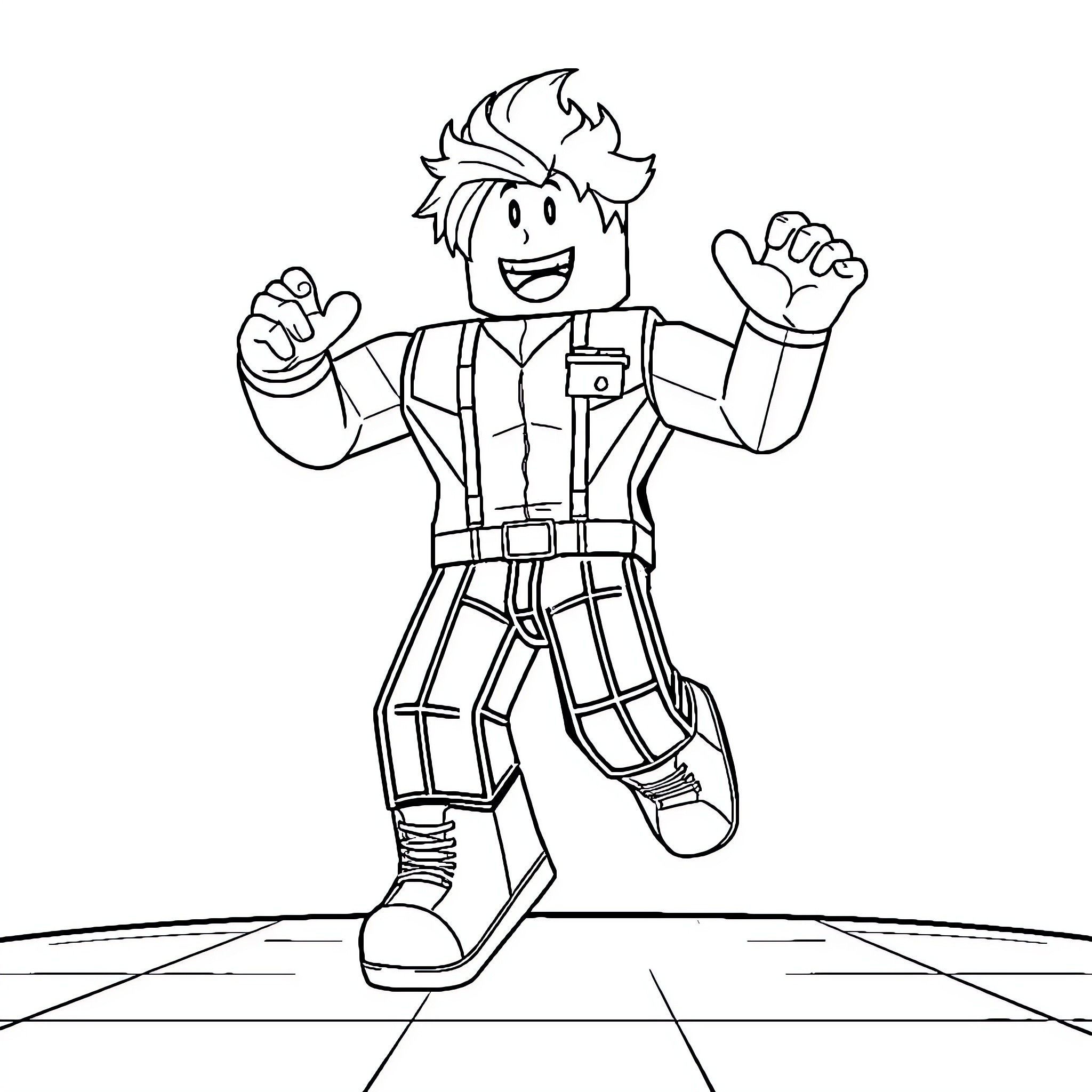 Roblox Character celebrating and jumping excitedly Coloring Page (free black-and-white line drawing printable PDF for all, from beginners to advanced learners, including children, teens, adults, and seniors)