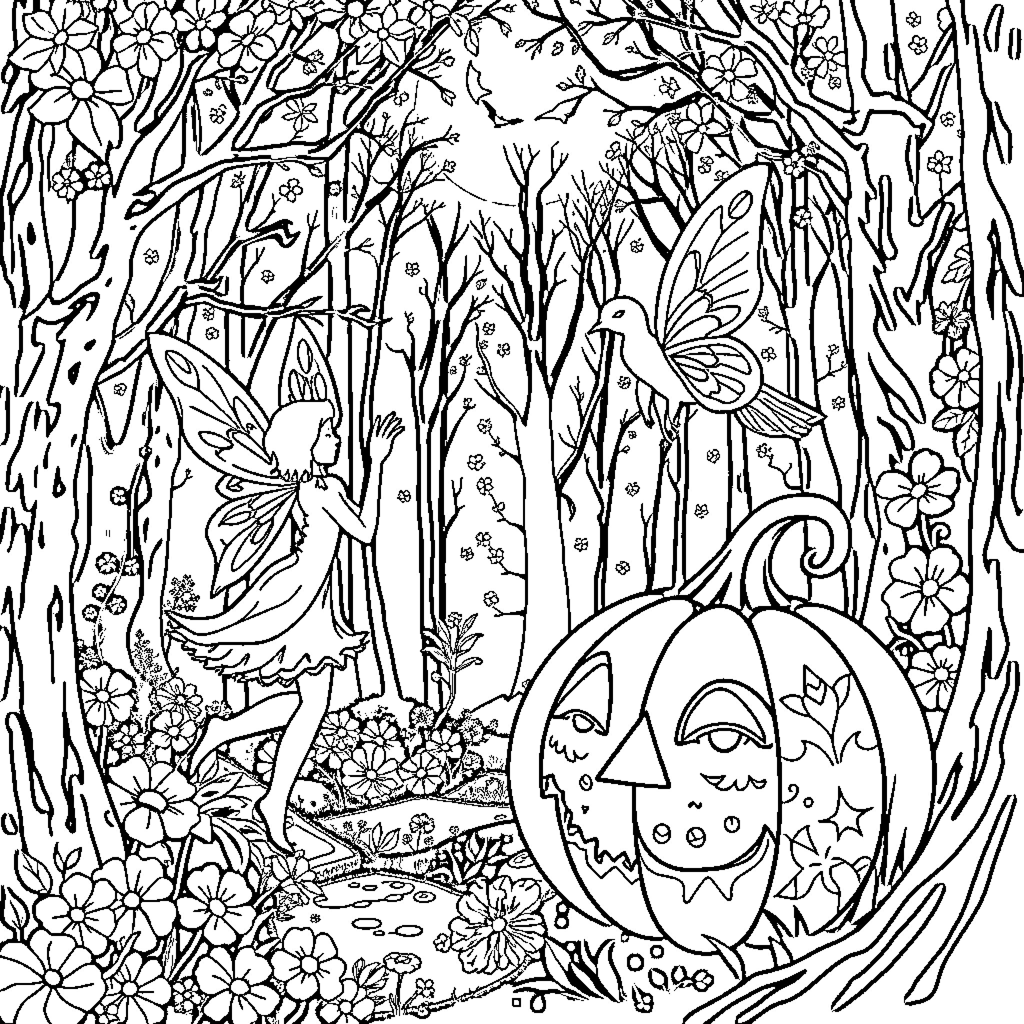 Pumpkins and Fairies in the Enchanted Forest Coloring Page (free black-and-white line drawing printable PDF for all, from beginners to advanced learners, including children, teens, adults, and seniors)