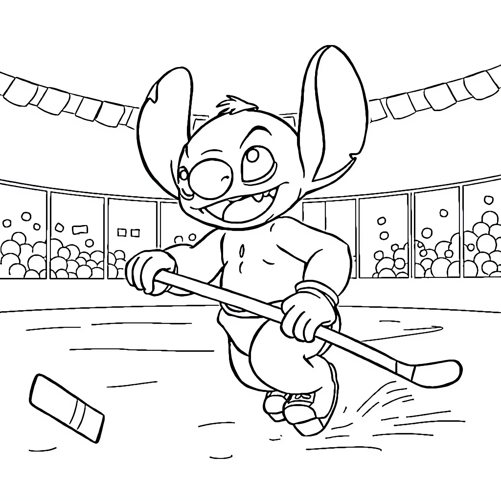 Stitch playing baseball in the stadium Coloring Page (free black-and-white line drawing printable PDF for all, from beginners to advanced learners, including children, teens, adults, and seniors)