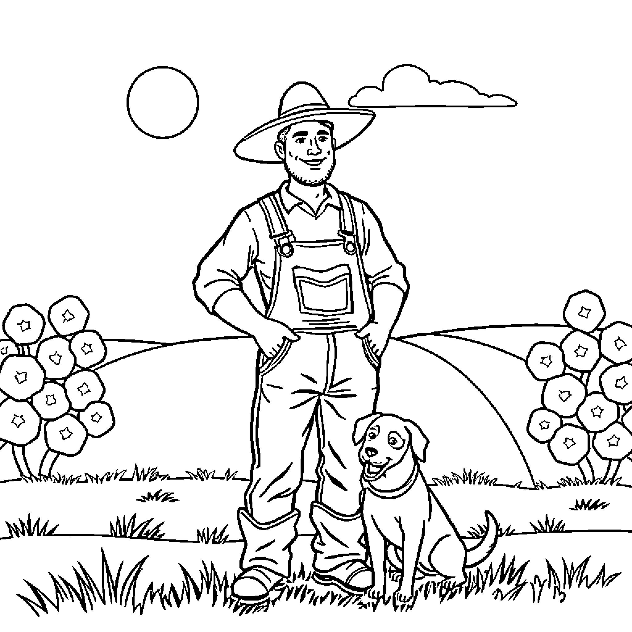 Farmer with dog exploring the countryside Coloring Page (free black-and-white line drawing printable PDF for all, from beginners to advanced learners, including children, teens, adults, and seniors)