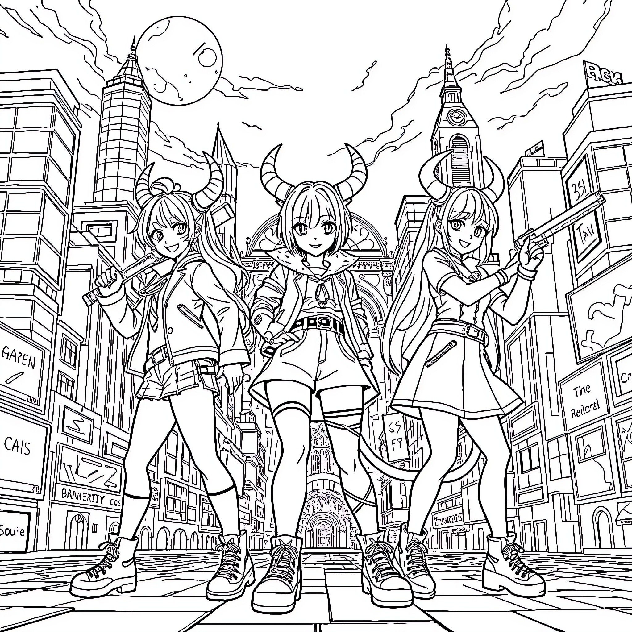 Demon Hunter Trio Battling in the City Coloring Page (free black-and-white line drawing printable PDF for all, from beginners to advanced learners, including children, teens, adults, and seniors)