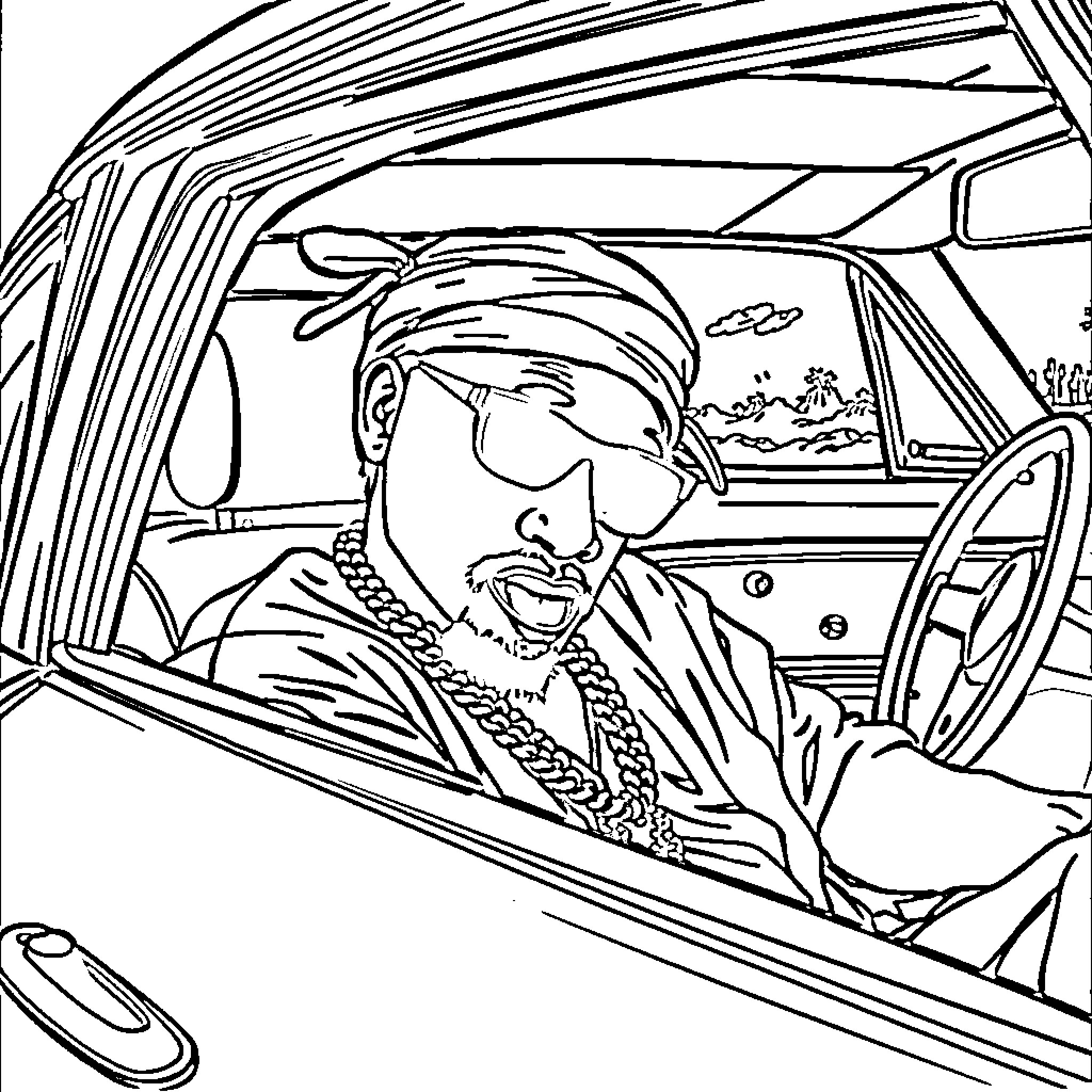 2 Pac in his car, surrounded by urban landscape Coloring Page (free black-and-white line drawing printable PDF for all, from beginners to advanced learners, including children, teens, adults, and seniors)