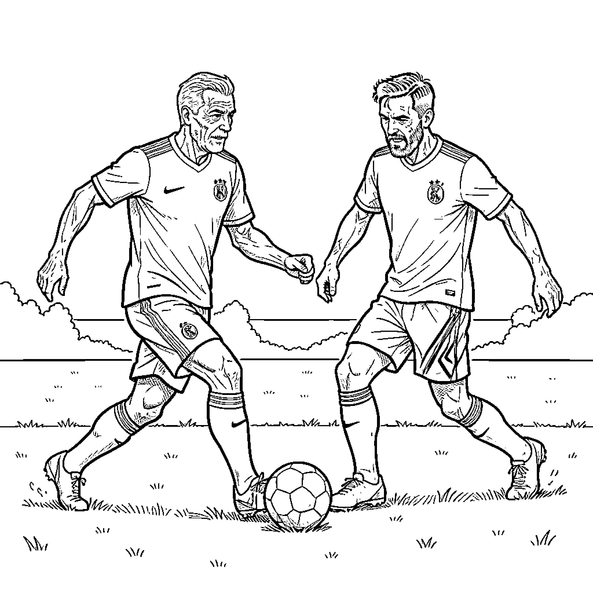 Cristiano Ronaldo competing intensely during a football match Coloring Page (free black-and-white line drawing printable PDF for all, from beginners to advanced learners, including children, teens, adults, and seniors)