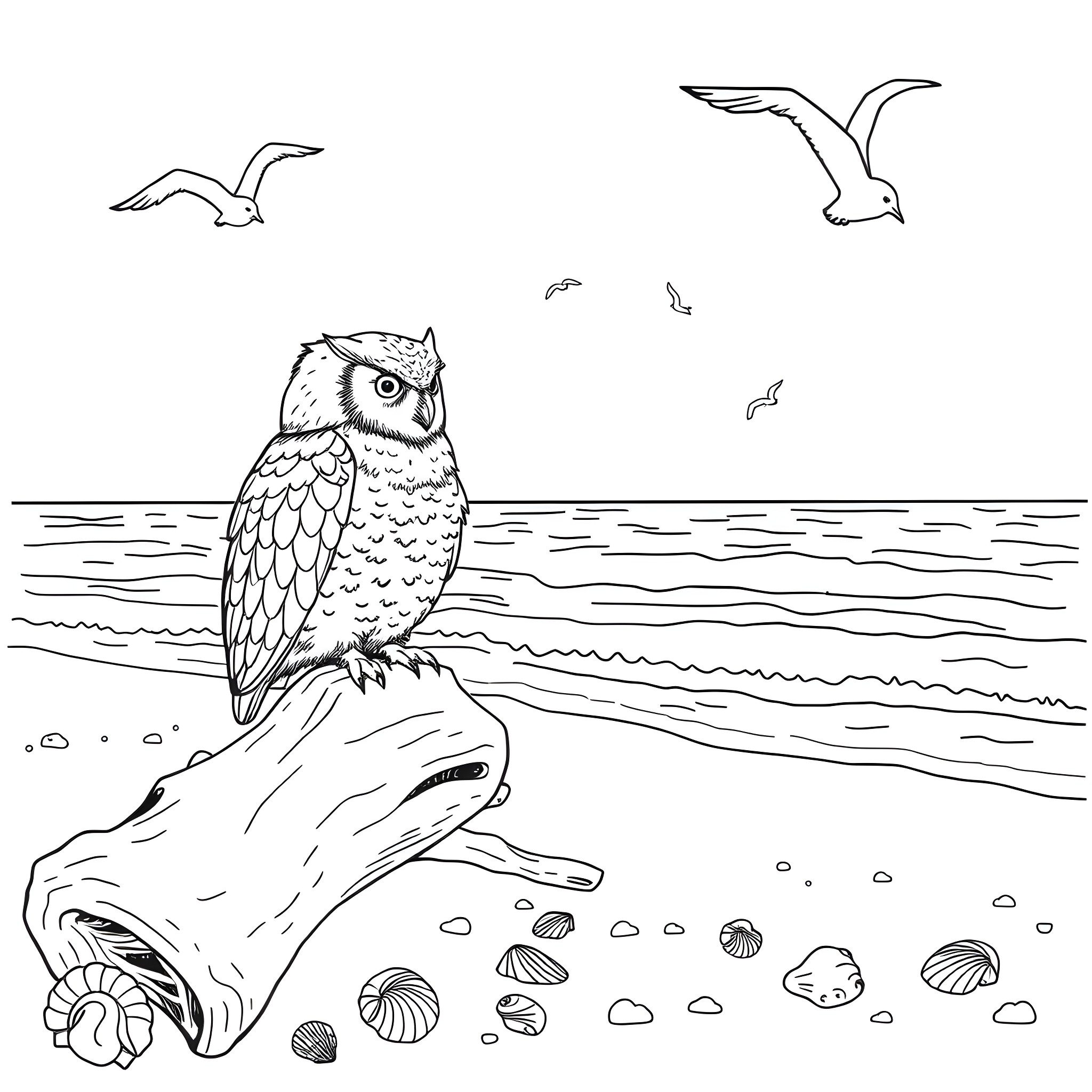 Owl perching on a driftwood near the seaside Coloring Page (free black-and-white line drawing printable PDF for all, from beginners to advanced learners, including children, teens, adults, and seniors)