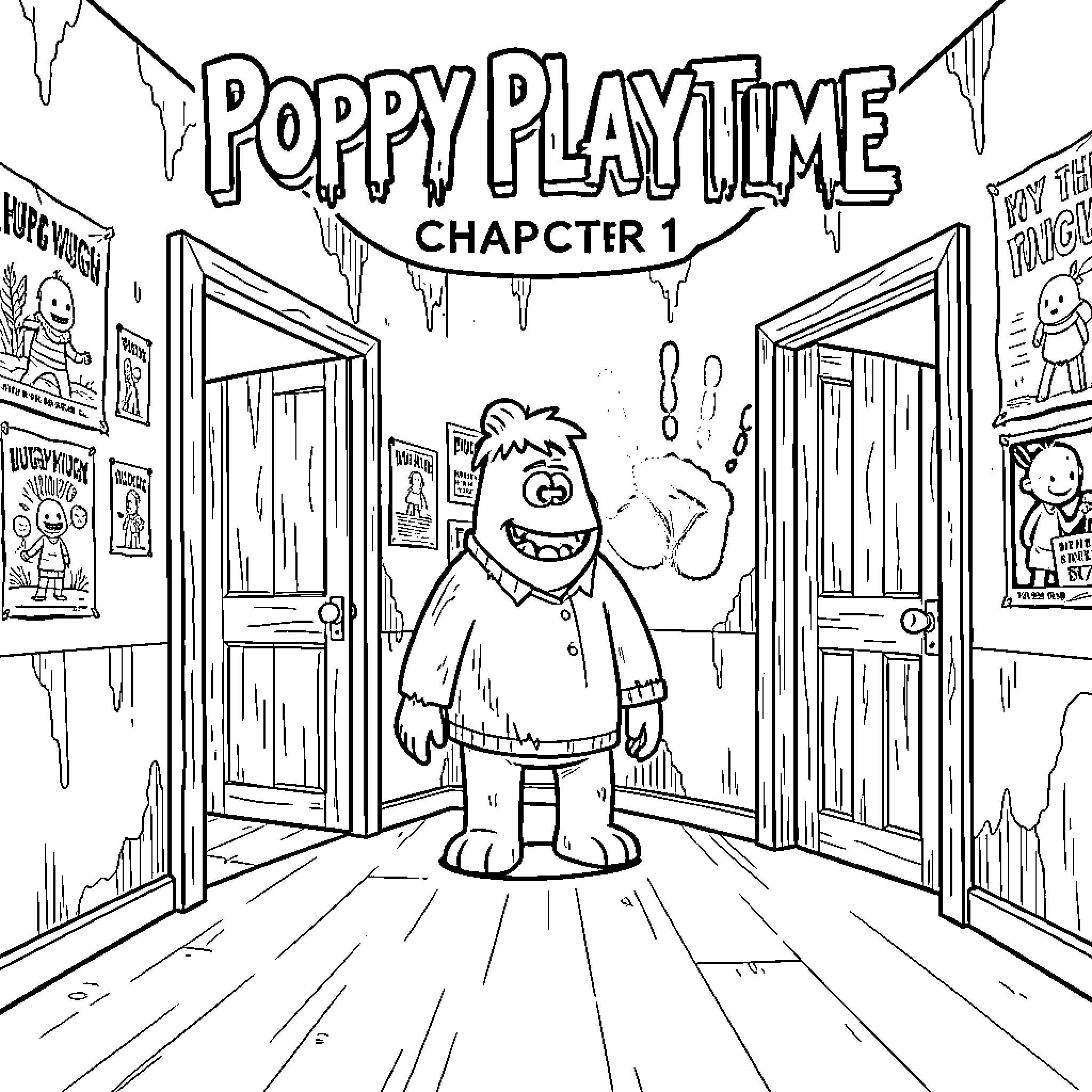 Poppy's Playtime Chapter 1: Mysterious Monster Coloring Page (free black-and-white line drawing printable PDF for all, from beginners to advanced learners, including children, teens, adults, and seniors)