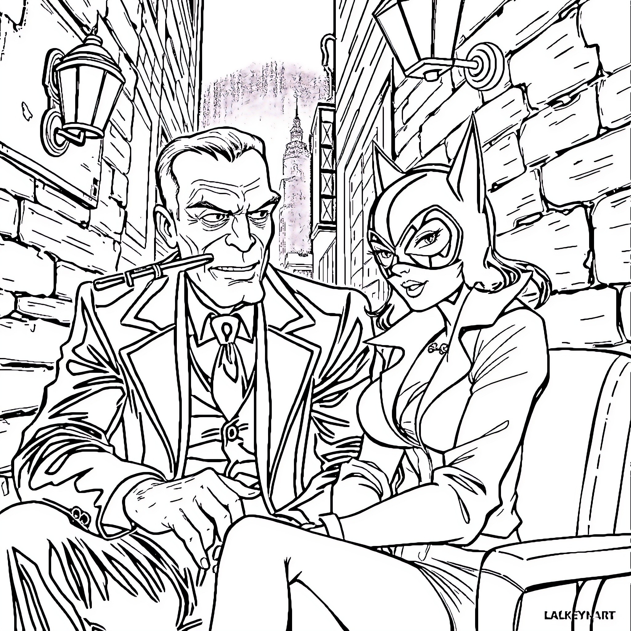Bartman and Catwoman investigating a crime scene Coloring Page (free black-and-white line drawing printable PDF for all, from beginners to advanced learners, including children, teens, adults, and seniors)